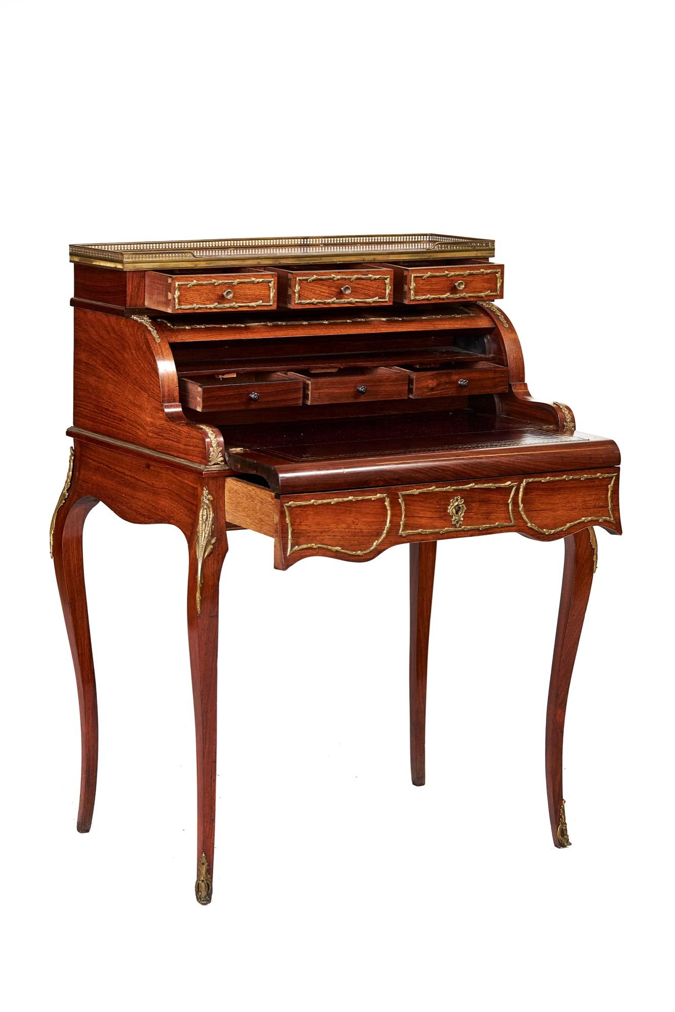 Antique Louis XV Vernis Martin style rosewood Bureau de Dame having a marble top with three quarter brass gallery over three small drawers. The upper section with cartonnier which opens up by sliding the central drawer to reveal three further small