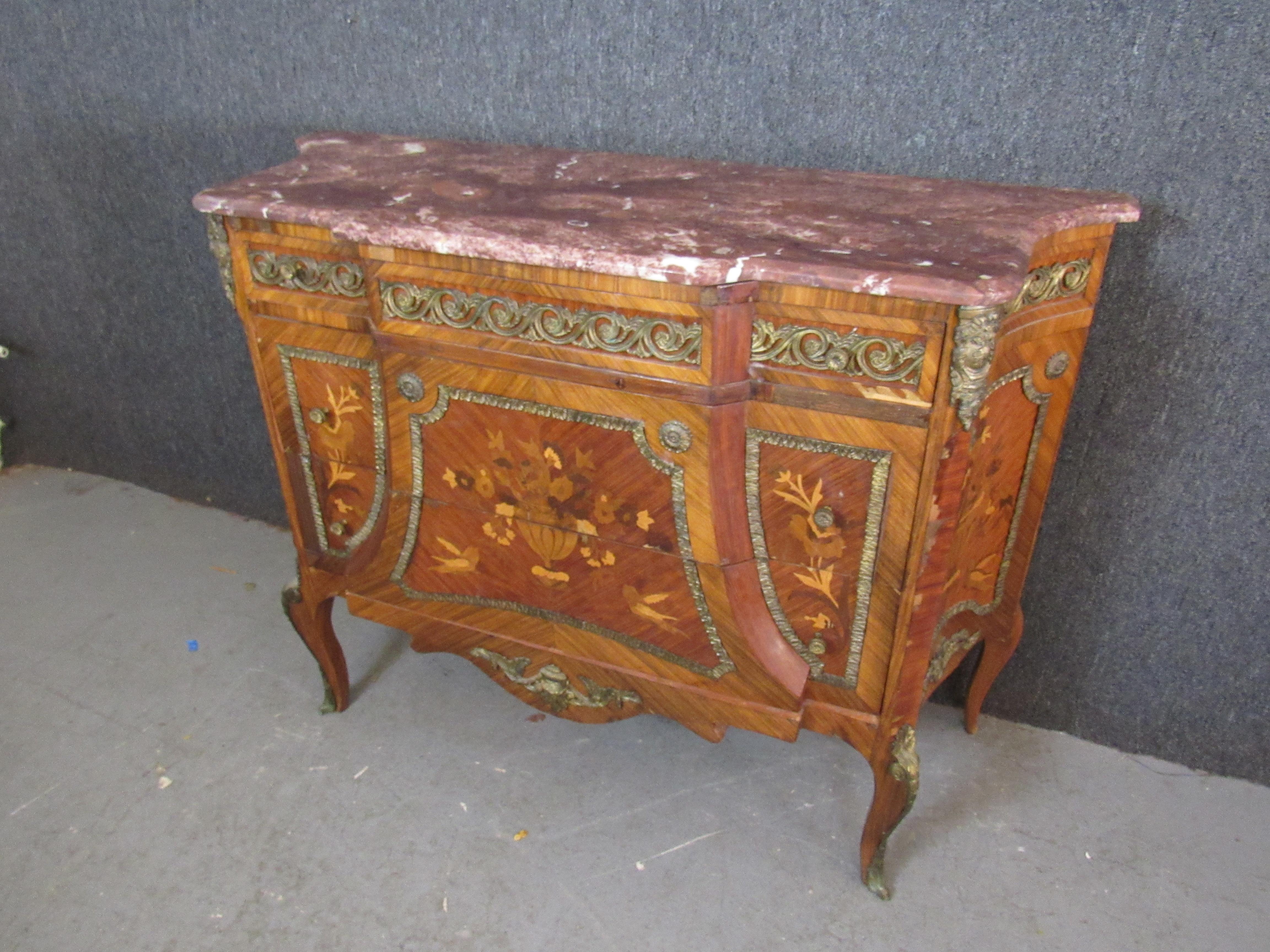 French Antique Louis XV Zebrawood Marquetry Commode