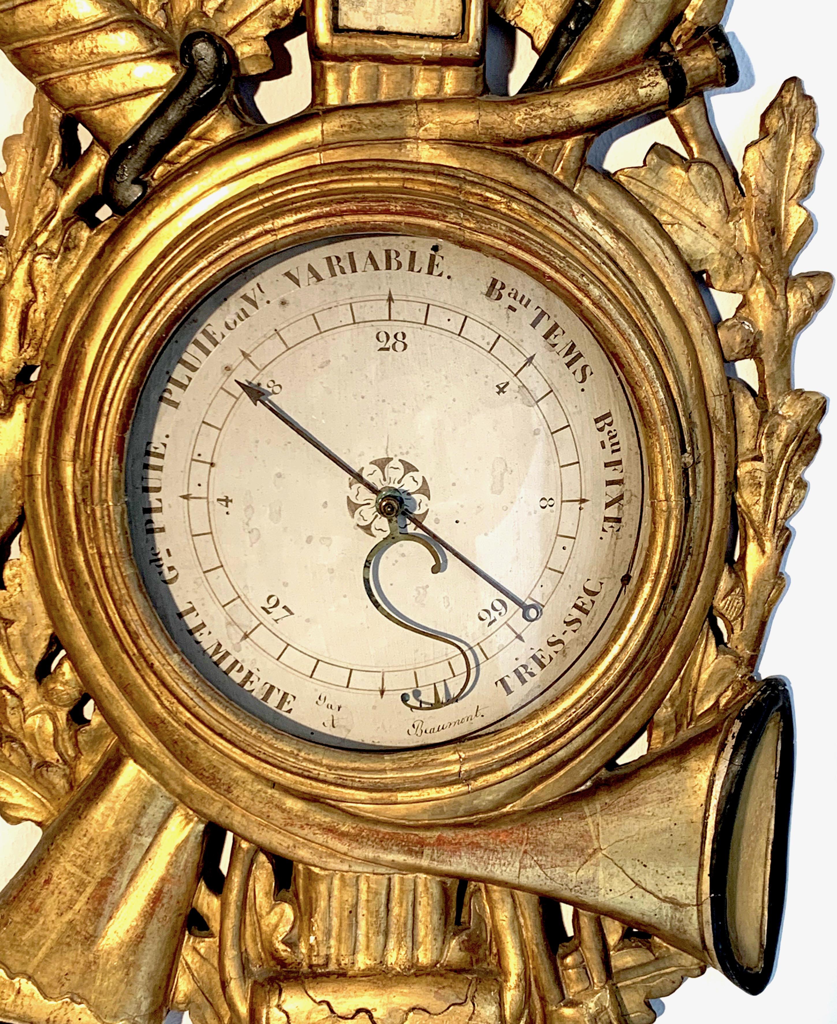 Extraordinary and rare Louis XVI barometer and thermometer carved exquisitely in beech wood circa 1775. This wonderful object ist beautifully carved, gilt and painted, it has been made for or presented to a passionate hunter. 
The top part with the