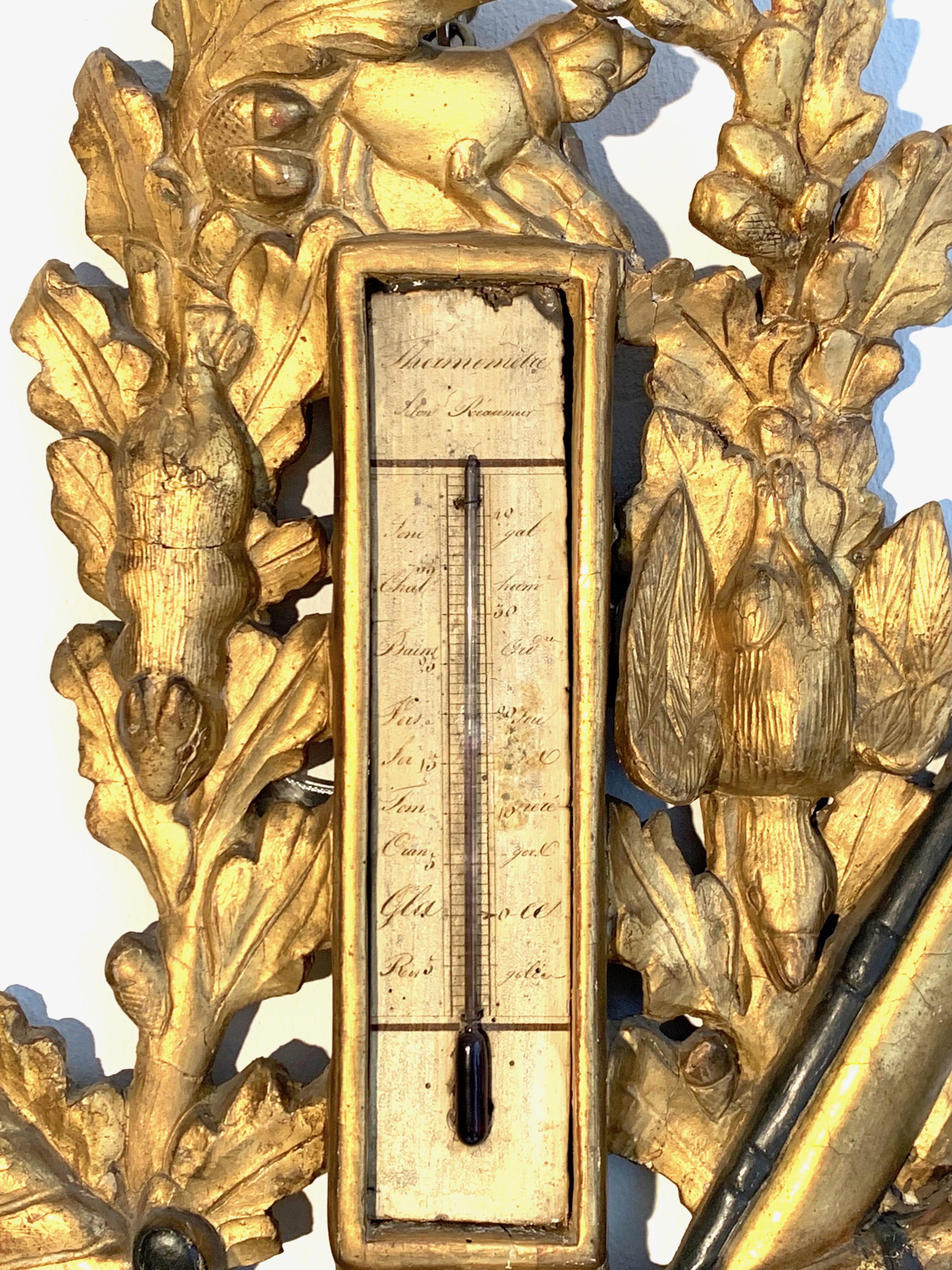 Carved Antique Louis XVI 1775 Paris Beech Wood Barometer and Thermometer for a Hunter