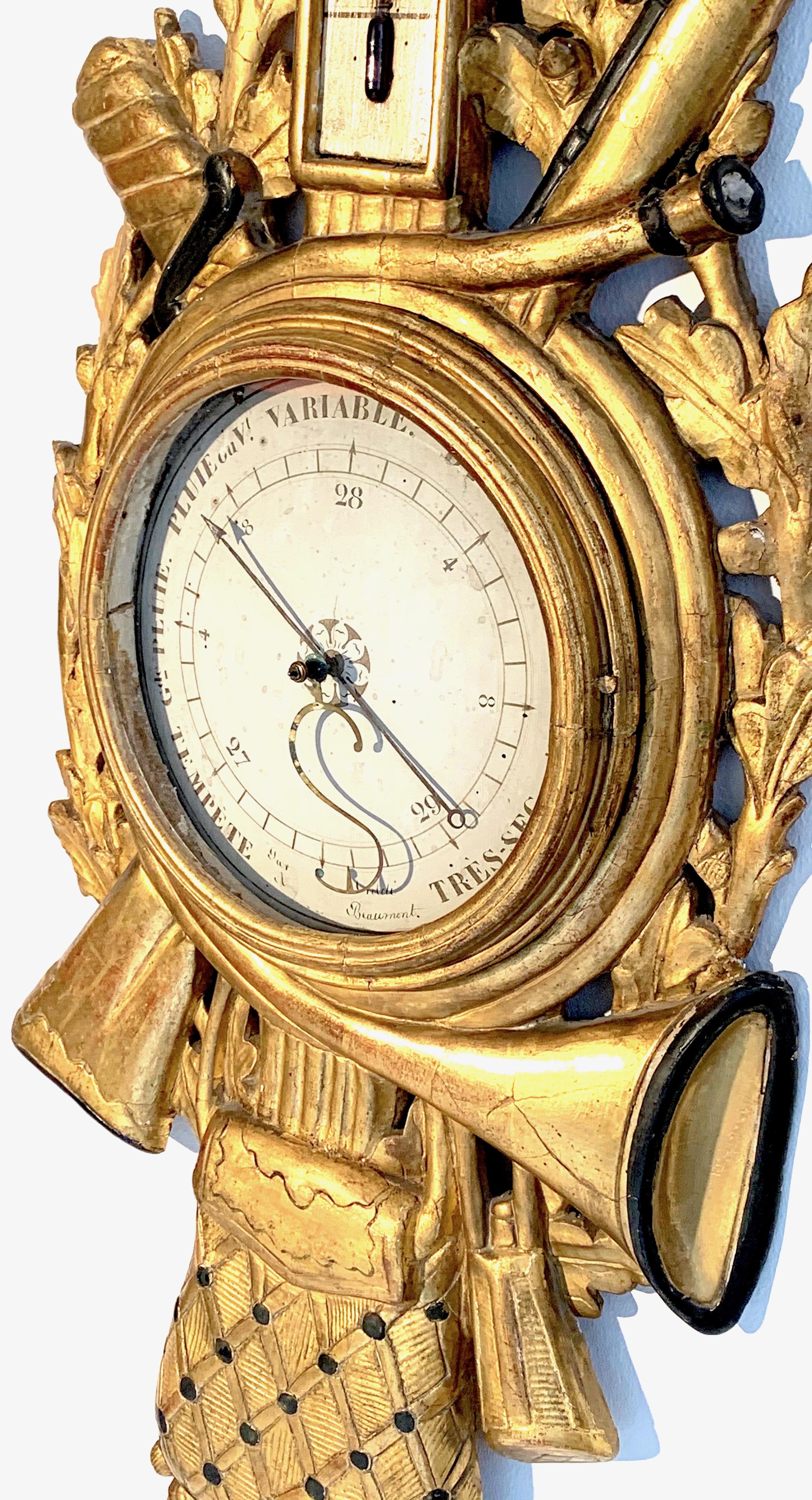 Antique Louis XVI 1775 Paris Beech Wood Barometer and Thermometer for a Hunter 3