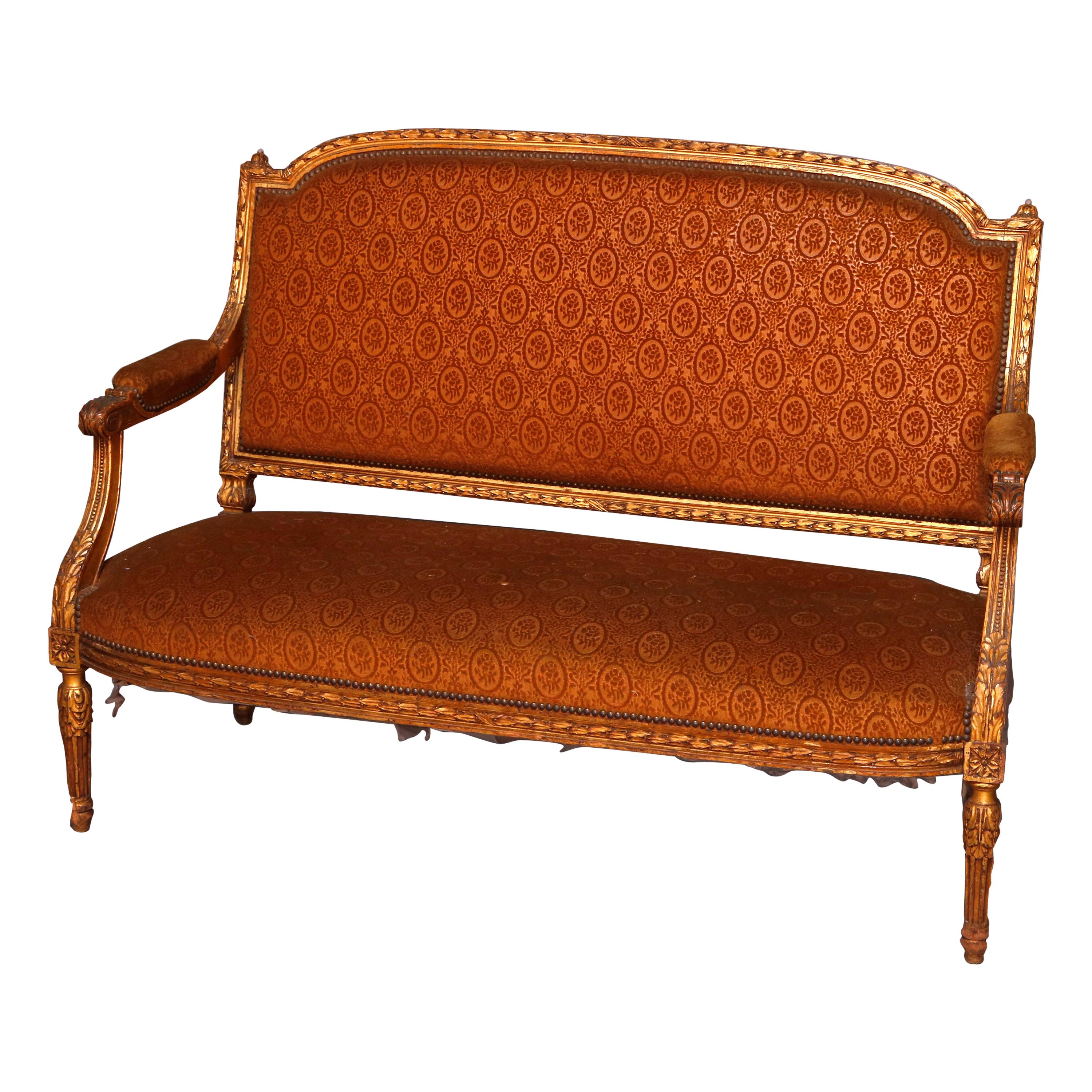Antique Louis XVI Acanthus Carved Giltwood and Upholstered Settee, circa 1880