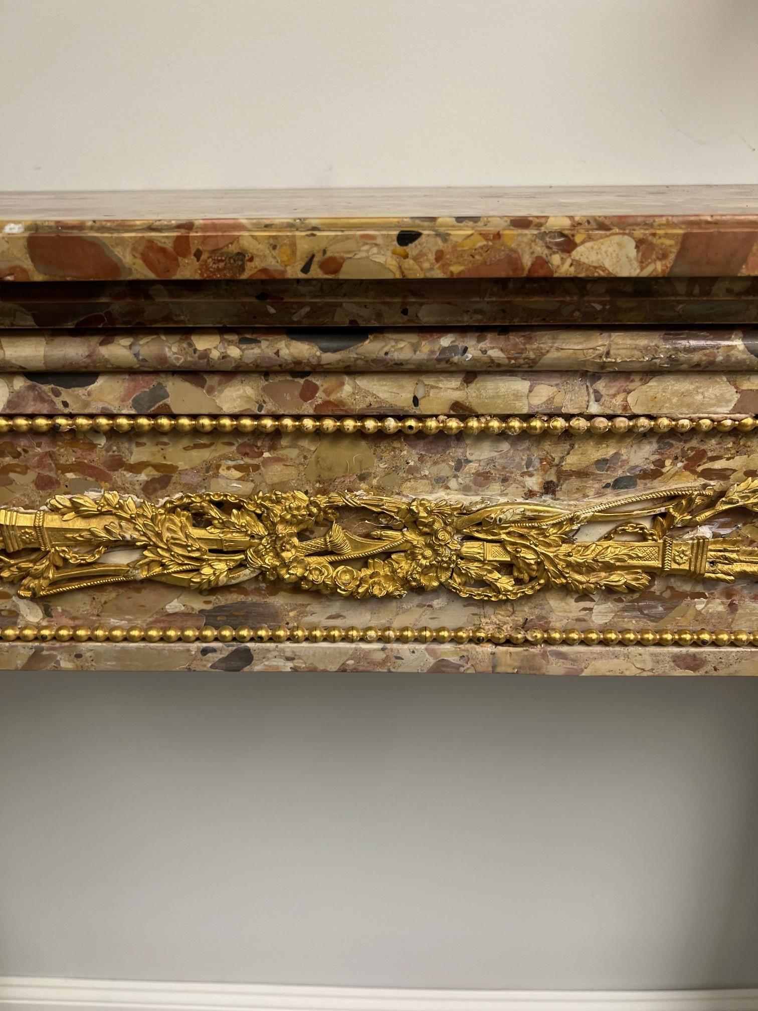 French Antique Louis XVI Breche d'Alep Marble Fireplace Mantel with Bronze Ormolu  For Sale