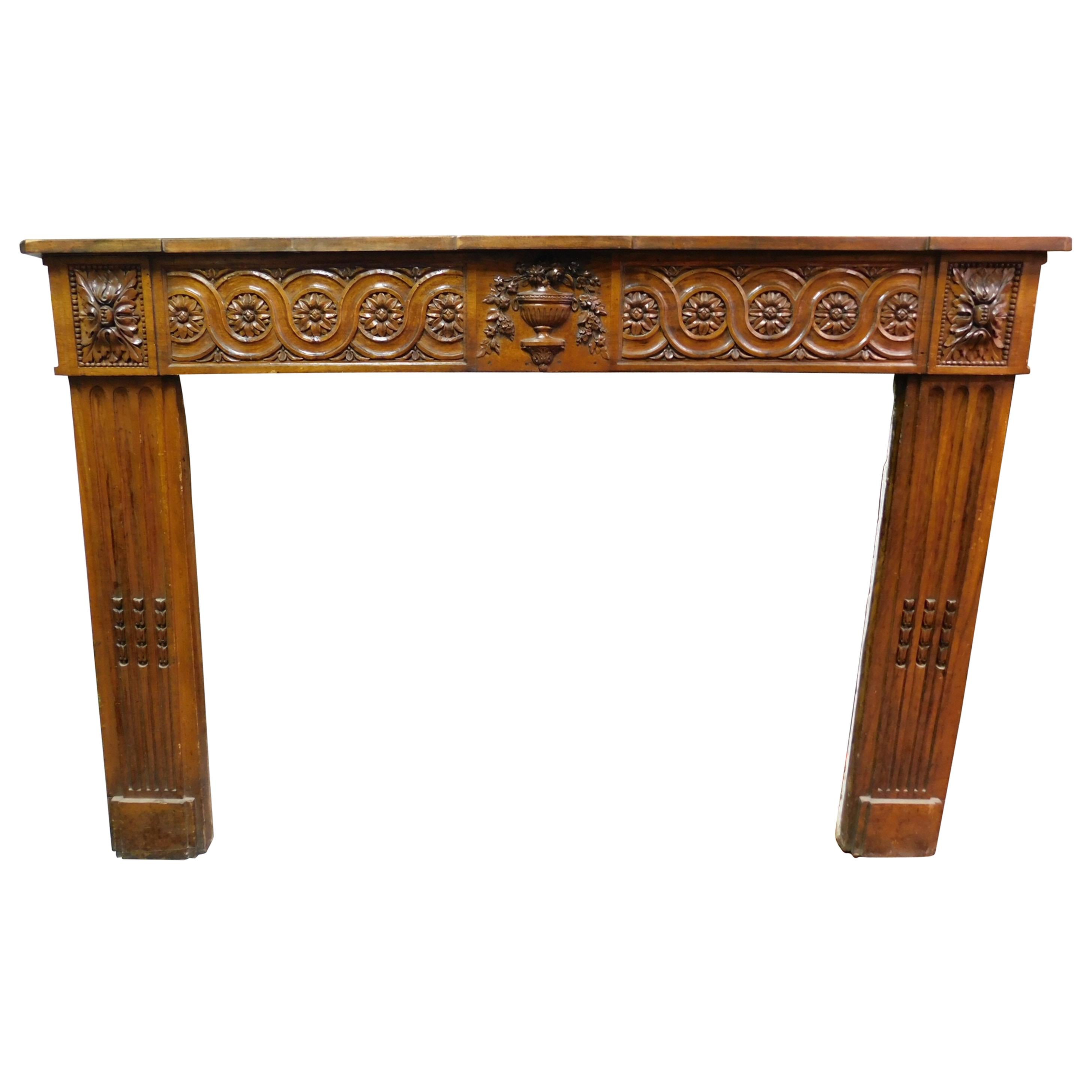 Antique Louis XVI Carved Walnut Fireplace Mantel, 18th Century, Italy