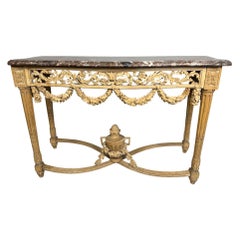 Antique Louis XVI Console Table, Carved Pine & Marble Top, 1870