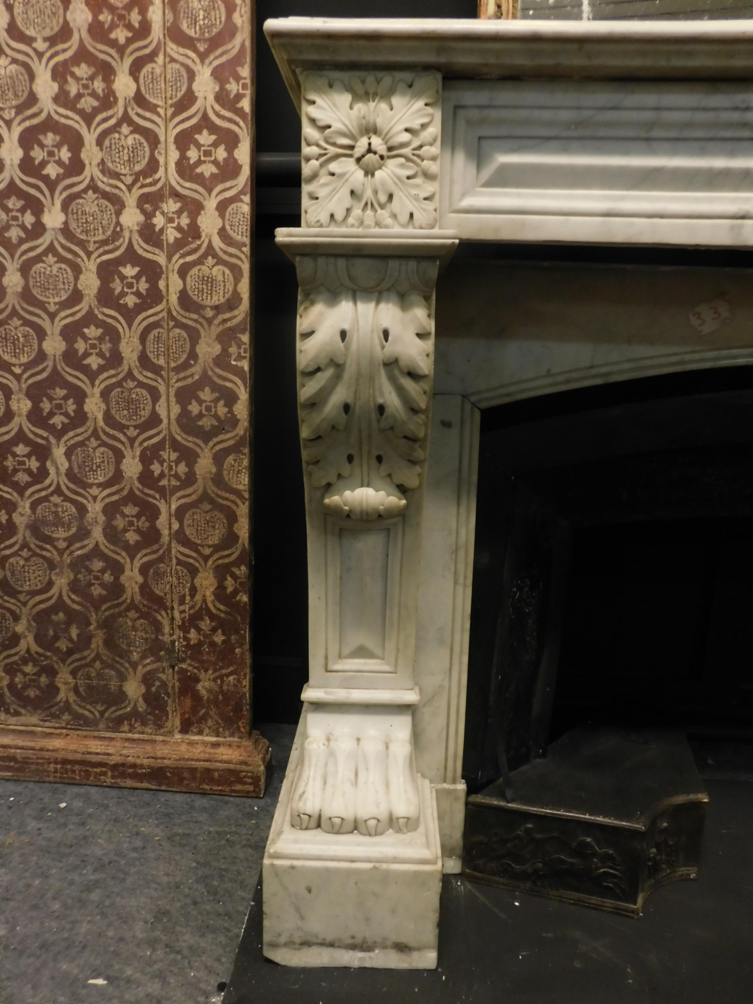 Hand-Carved Antique Louis XVI Fireplace in White Carrara Marble, Lion's Paws, 1700, Italy