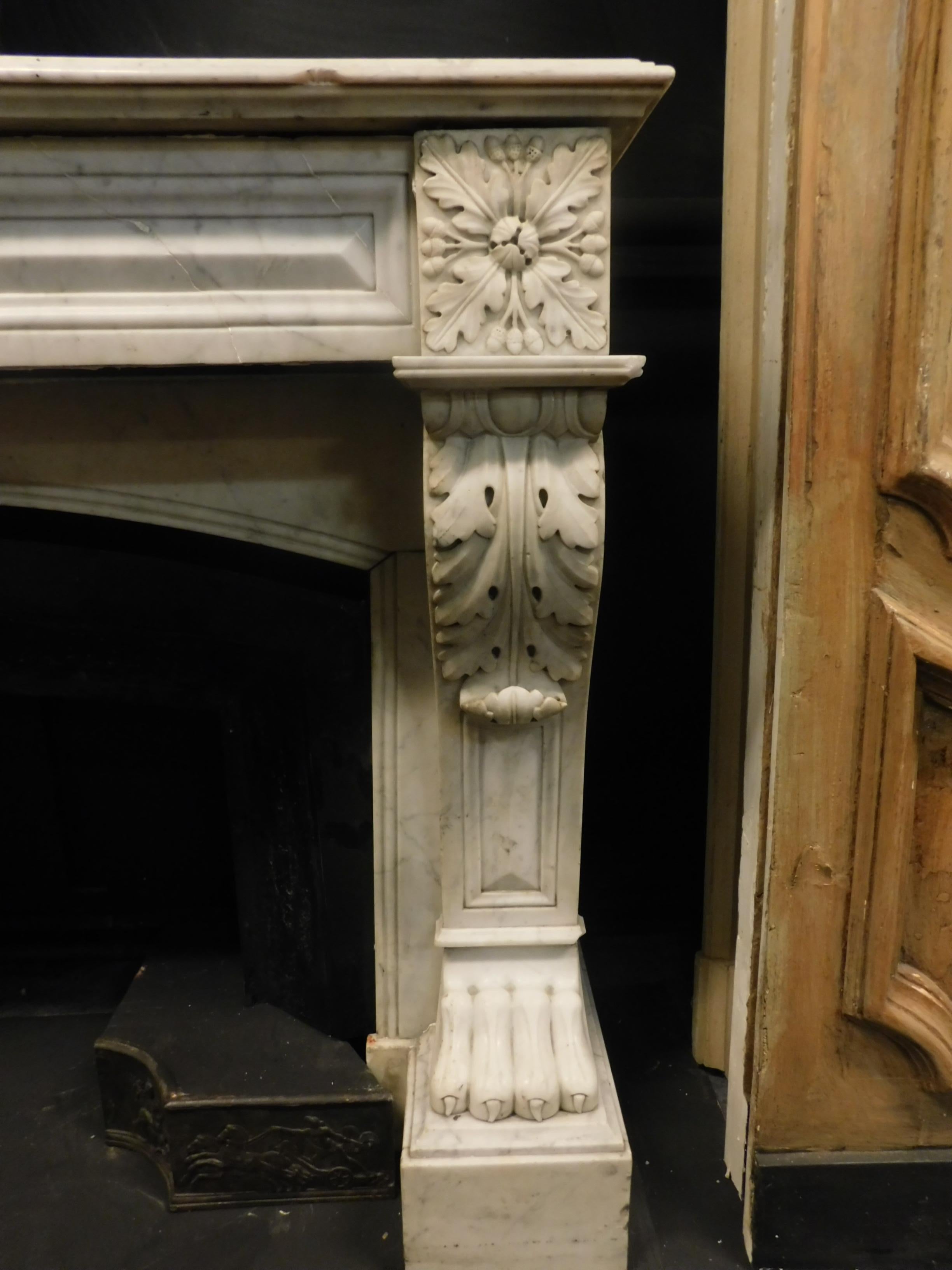18th Century and Earlier Antique Louis XVI Fireplace in White Carrara Marble, Lion's Paws, 1700, Italy
