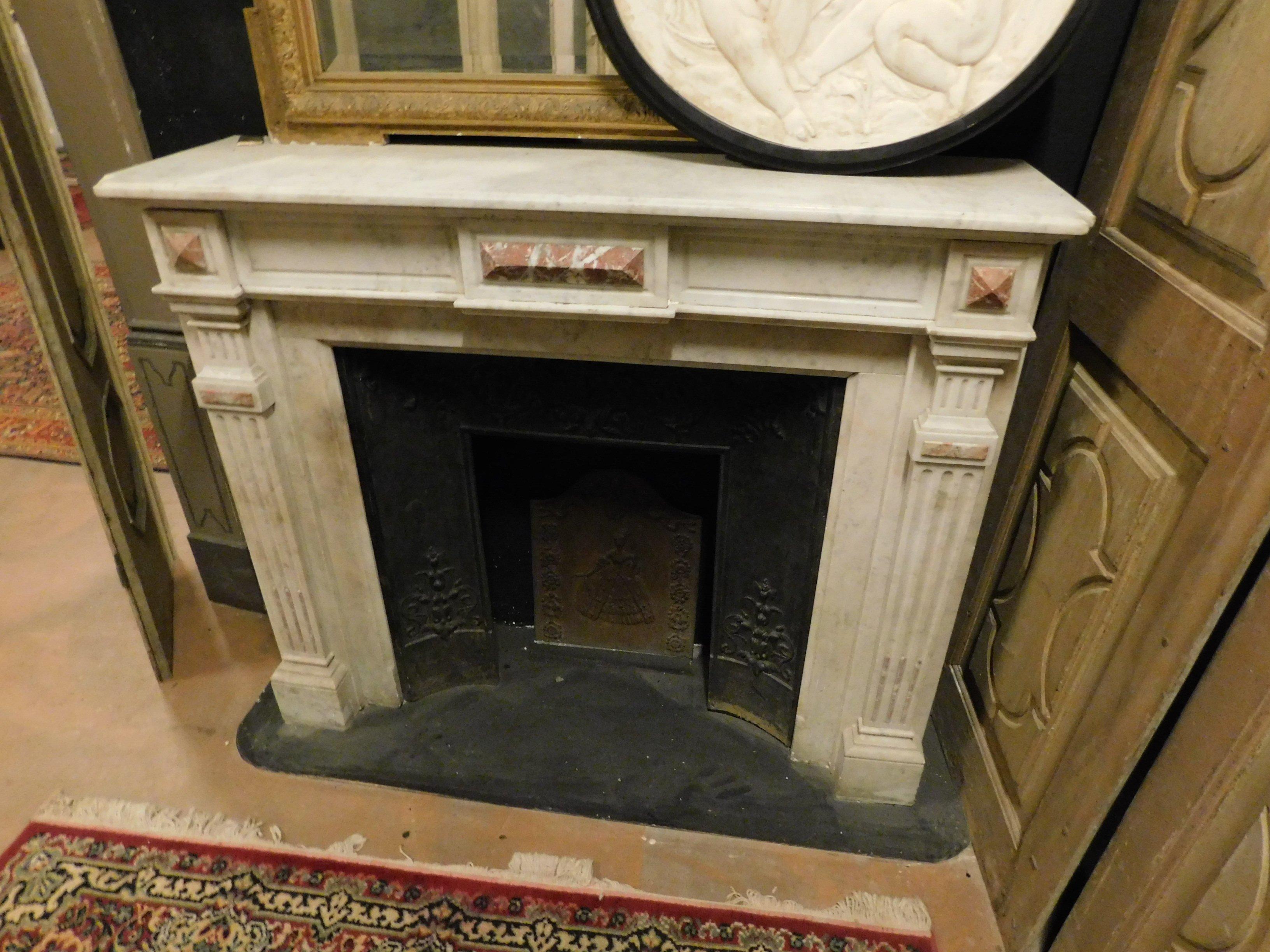 French Antique Louis XVI Fireplace in White Marble with Pink Inlays, Early 1800 France