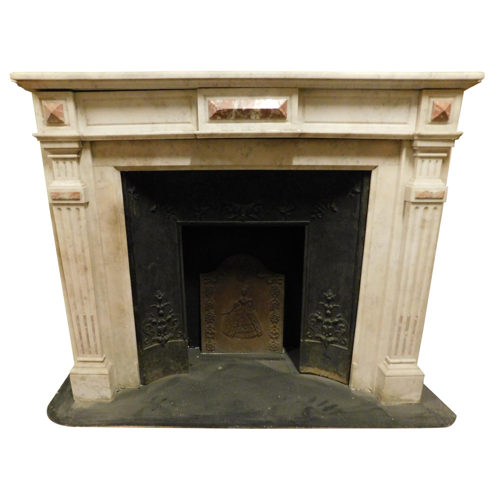 Antique Louis XVI Fireplace in White Marble with Pink Inlays, Early 1800 France