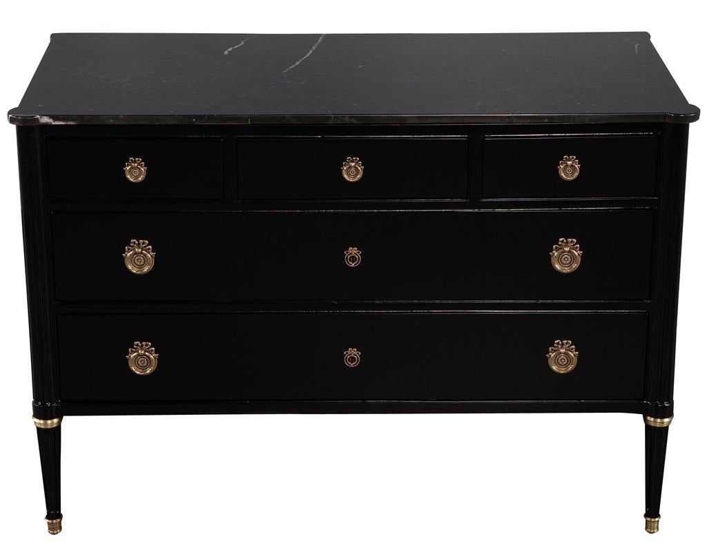 Antique Louis XVI French Marble Top Commode Chest. Late 19th Century, France, Louis XVI Style. Restored in a hand polished black lacquer finish. Featuring a smoky black stone top with white and grey veining. Excellent restored condition, mild