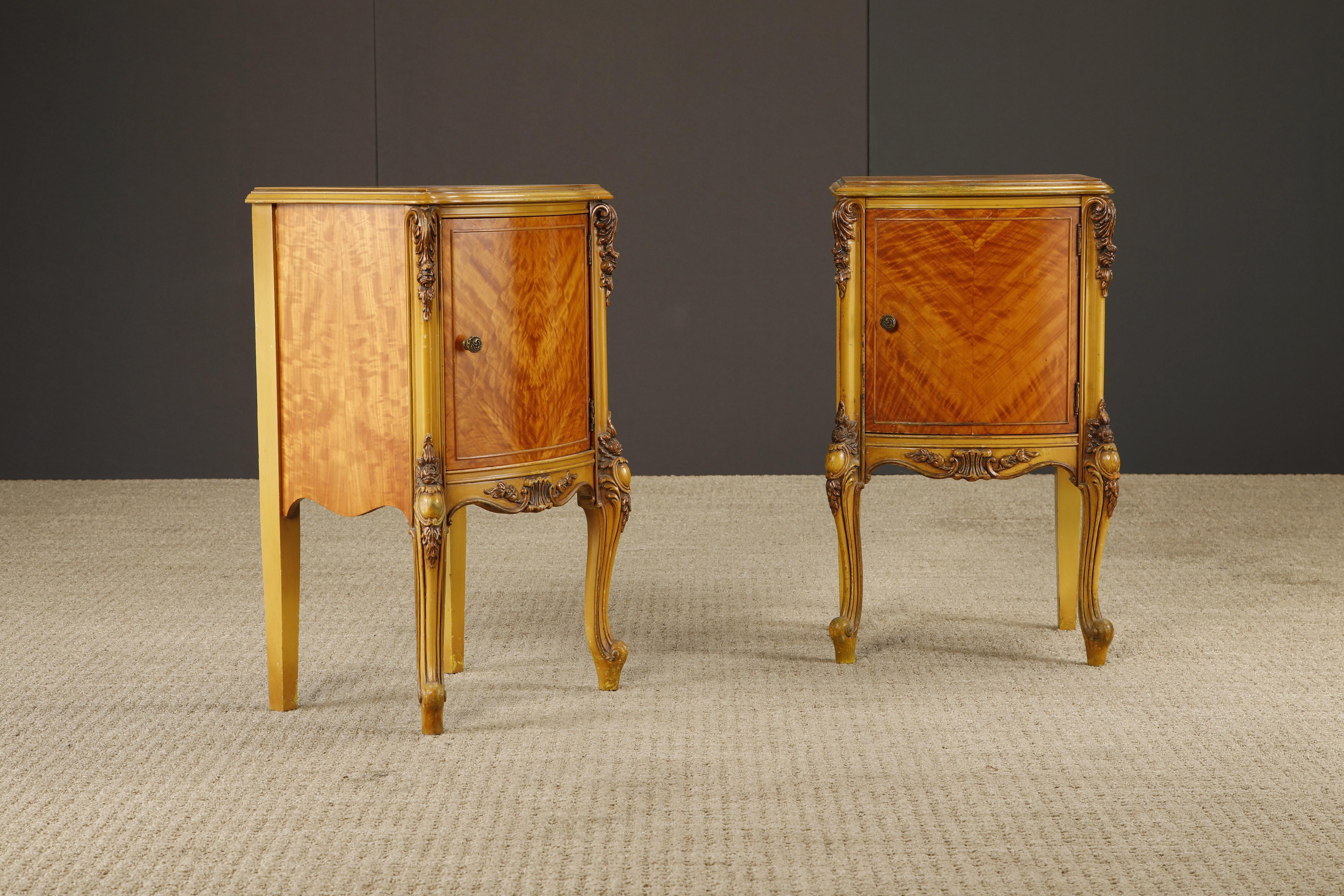 Français Antique Louis XVI French Provincial Figured Maple Cabinet Nightstands, c. 1920s en vente