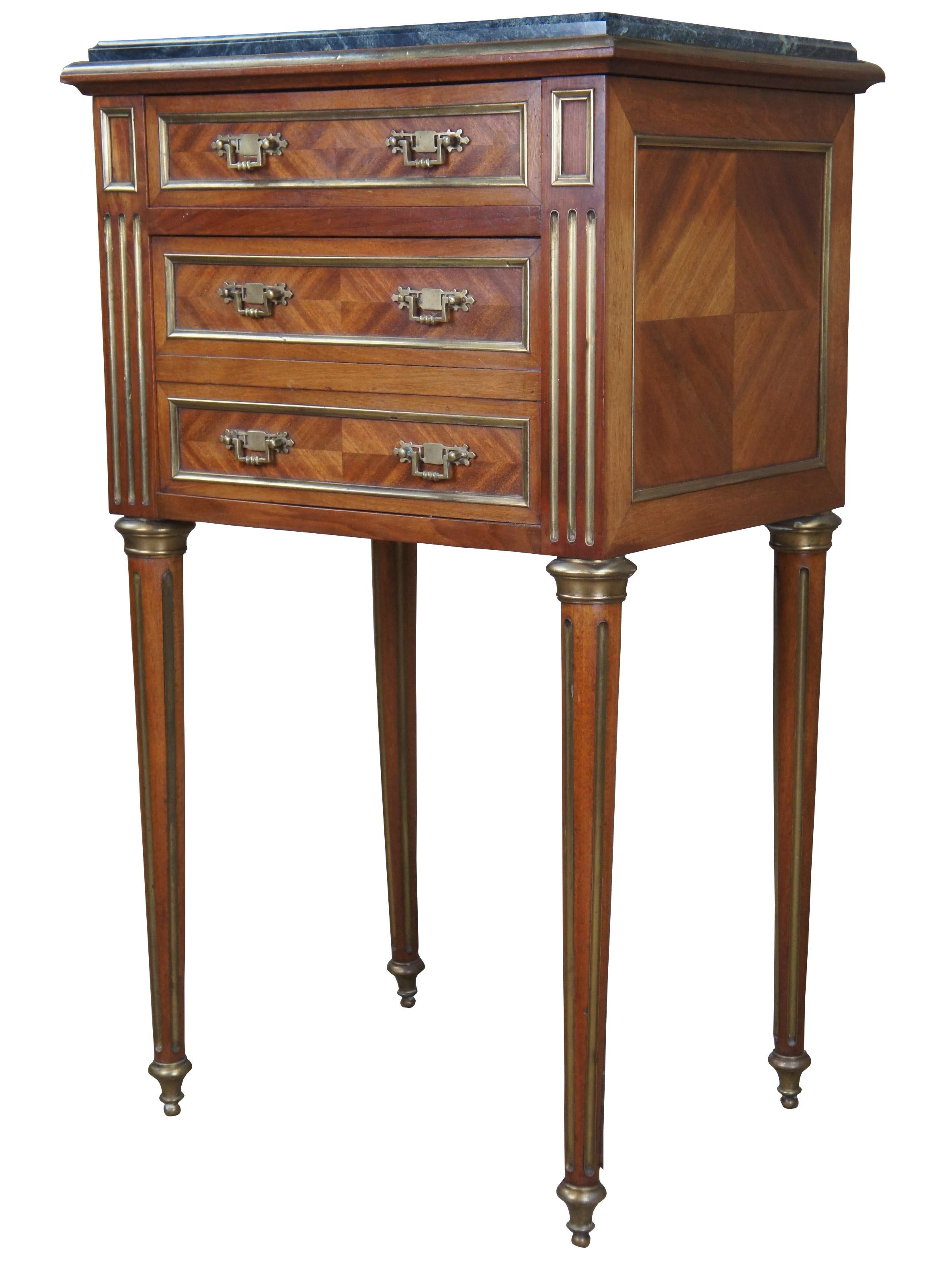 Antique Louis XVI French Walnut Marble & Brass Parquetry Humidor Side Table In Good Condition In Dayton, OH