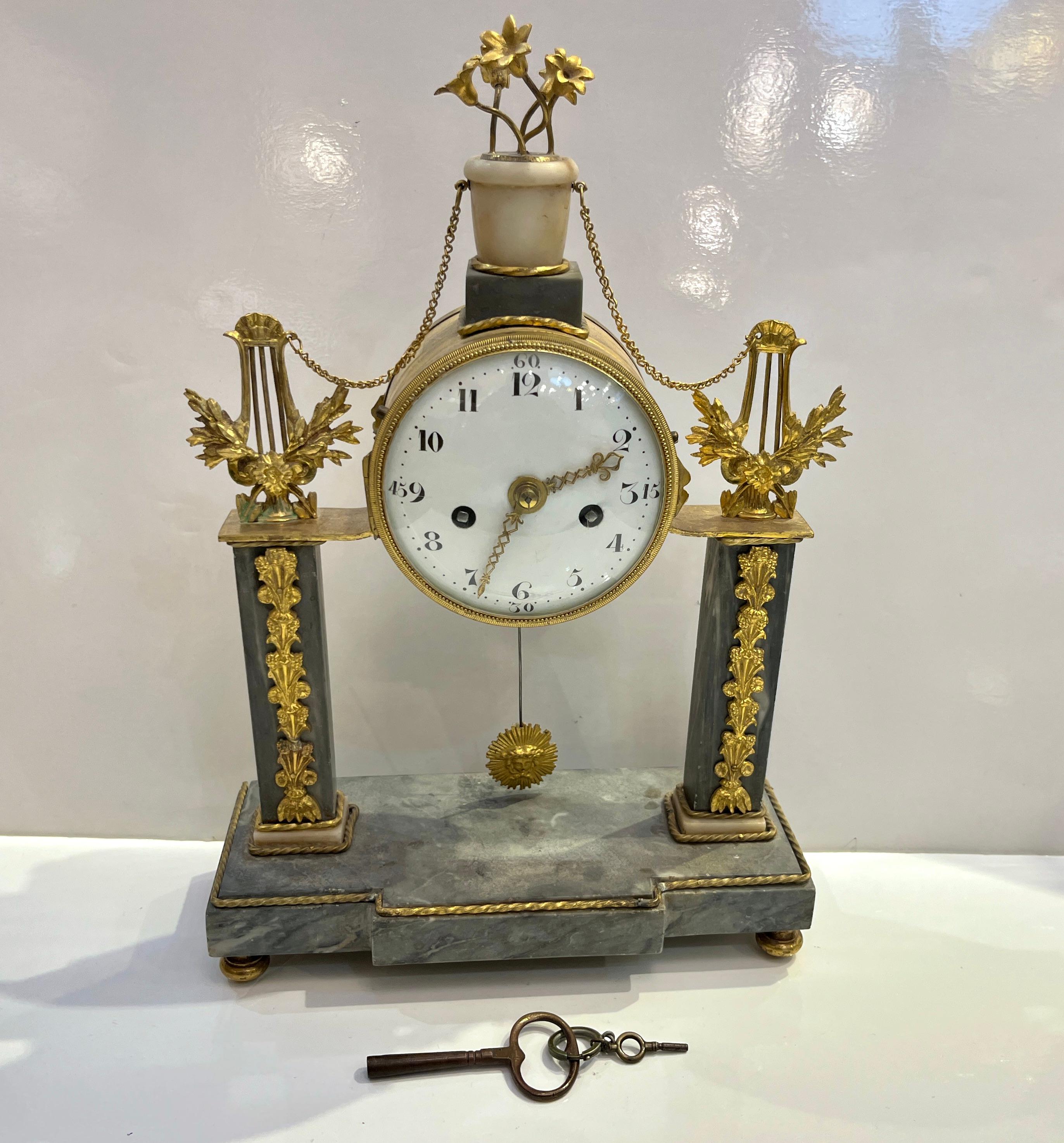 Antique Louis XVI Gilt Bronze Marble Mantel Clock Apollo Sunburst Pendulum Key For Sale 6