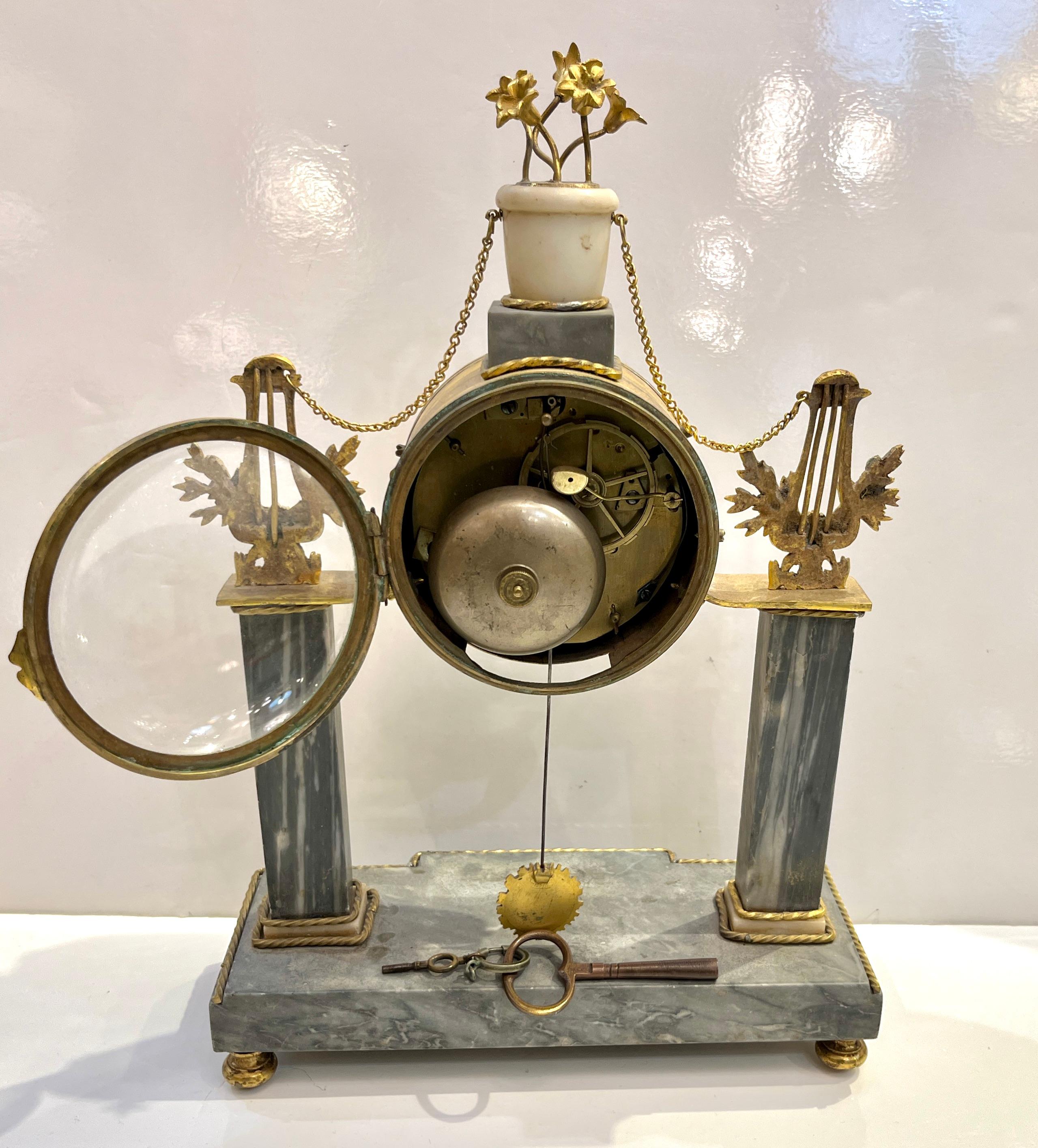 French Antique Louis XVI Gilt Bronze Marble Mantel Clock Apollo Sunburst Pendulum Key For Sale