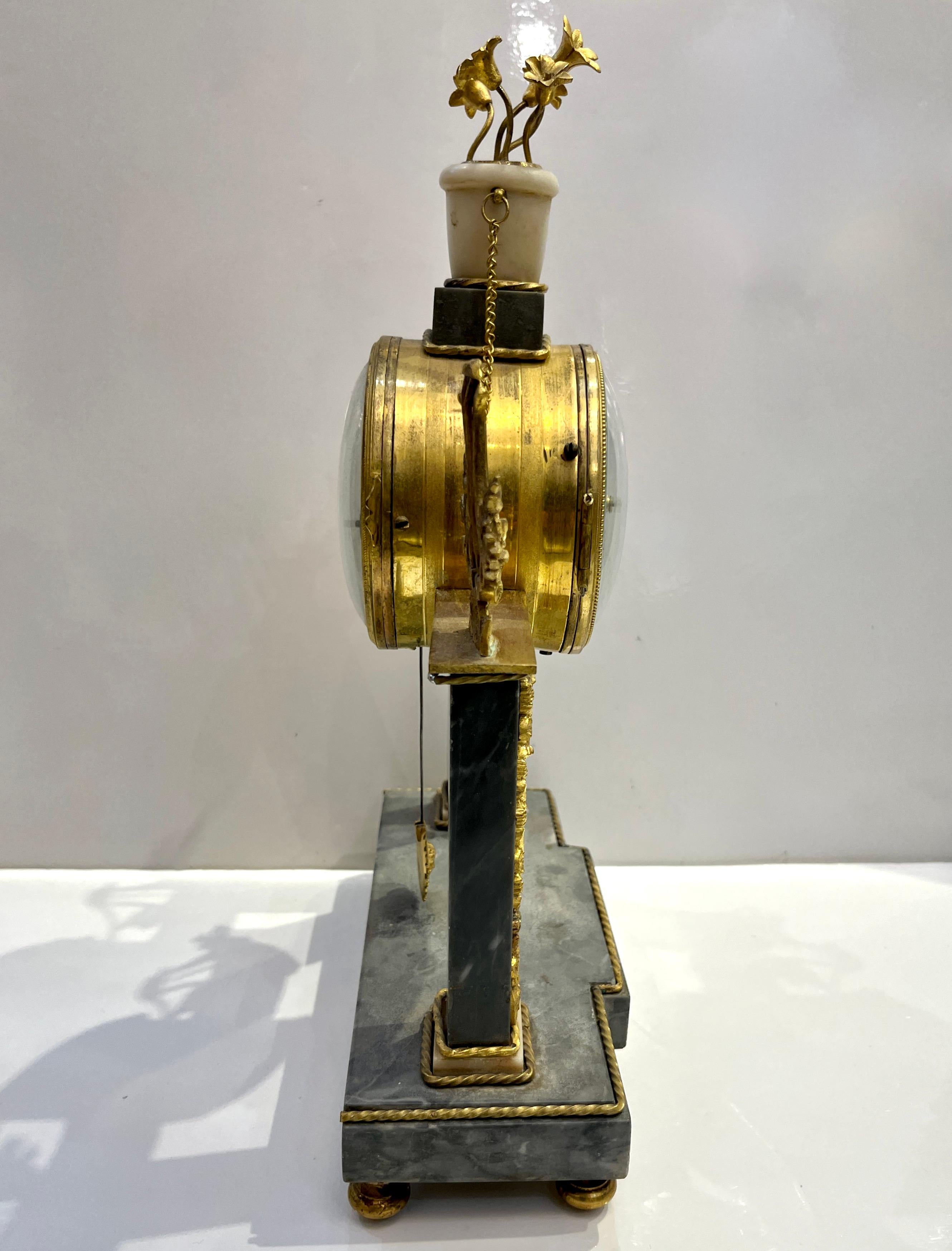 Cast Antique Louis XVI Gilt Bronze Marble Mantel Clock Apollo Sunburst Pendulum Key For Sale