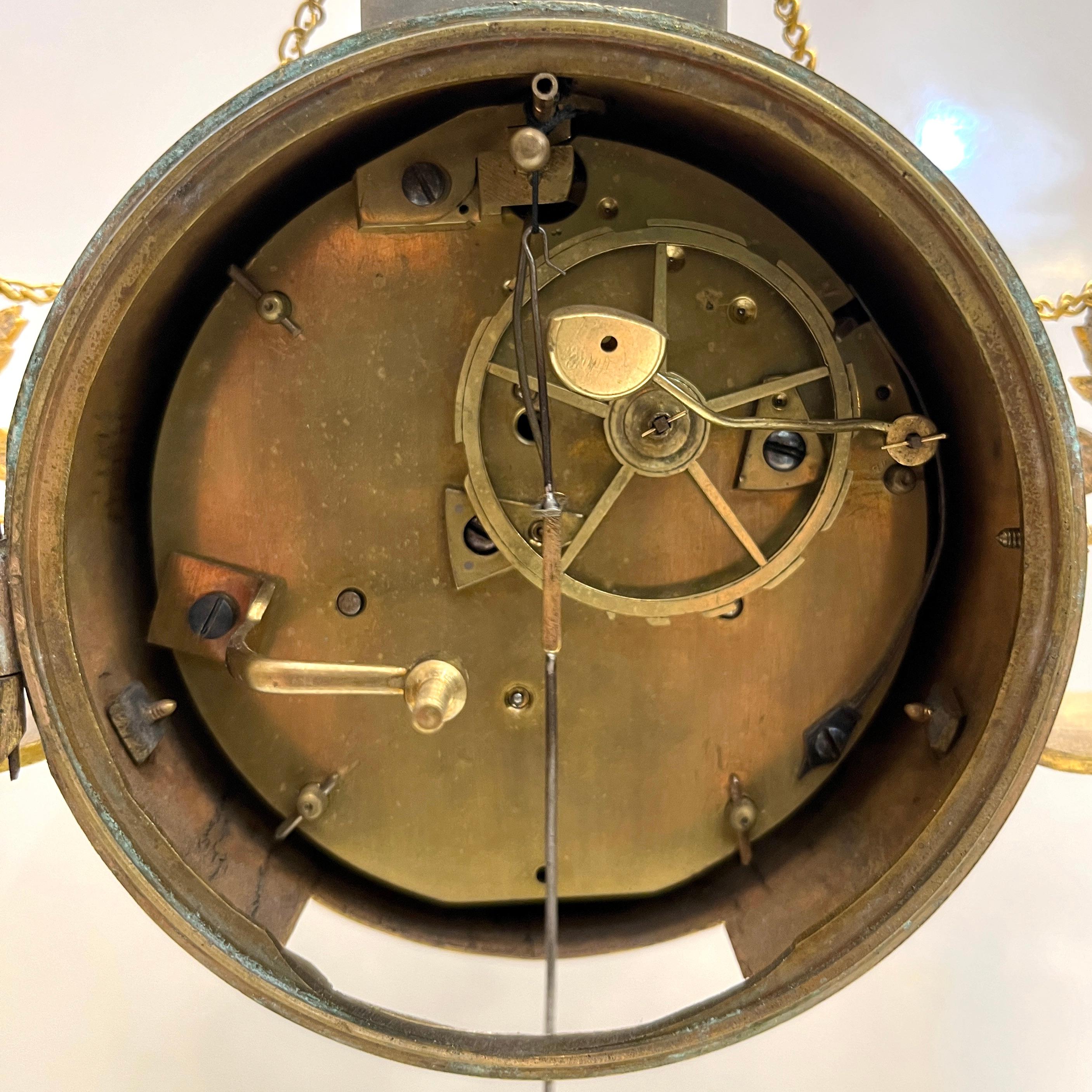 Brass Antique Louis XVI Gilt Bronze Marble Mantel Clock Apollo Sunburst Pendulum Key For Sale