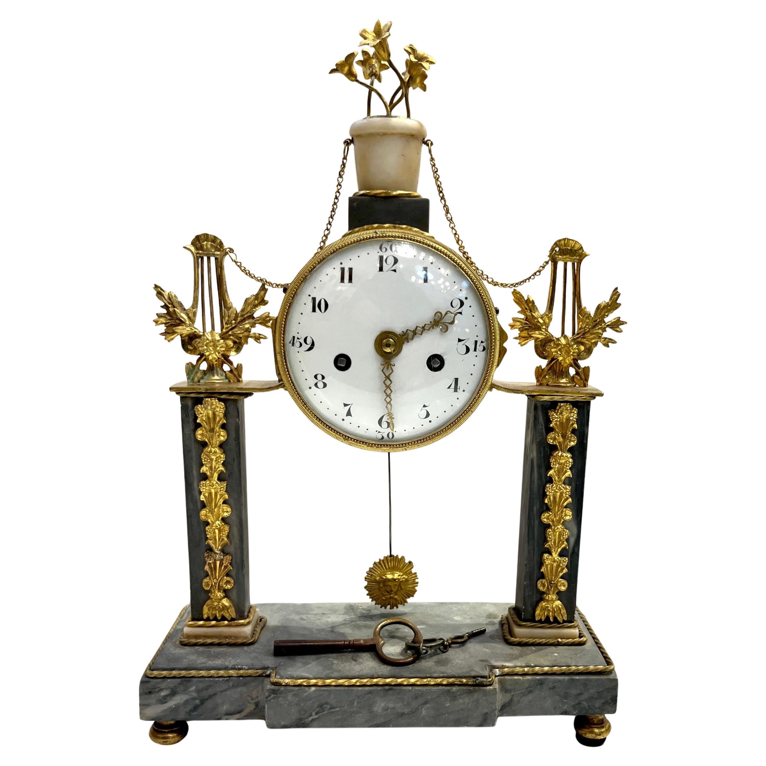 Antique Louis XVI Gilt Bronze Marble Mantel Clock Apollo Sunburst Pendulum Key For Sale