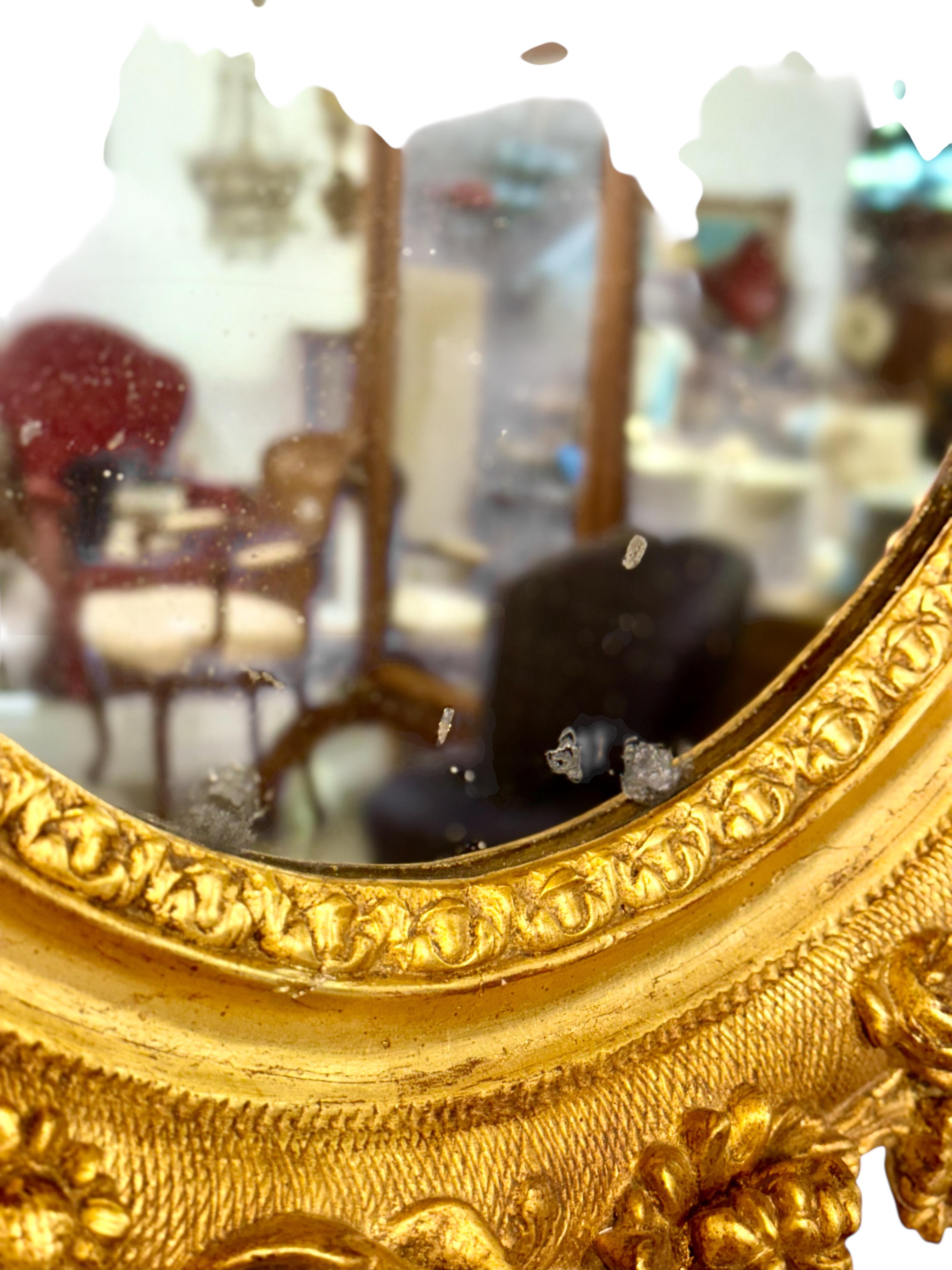 Antique Louis XVI Giltwood Oval Mirror with Floral Carving For Sale 15
