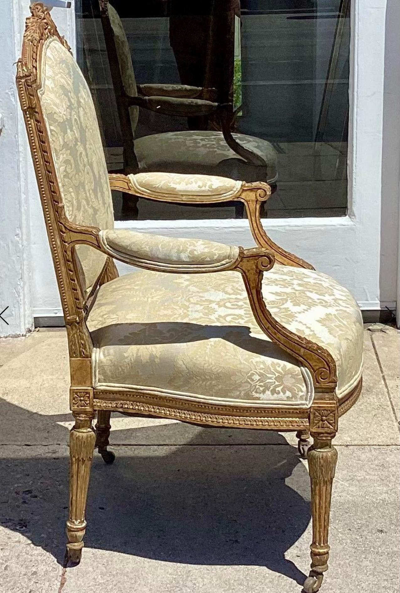 French Antique Louis XVI Giltwood & Silk Damask Fauteuil Arm Chair