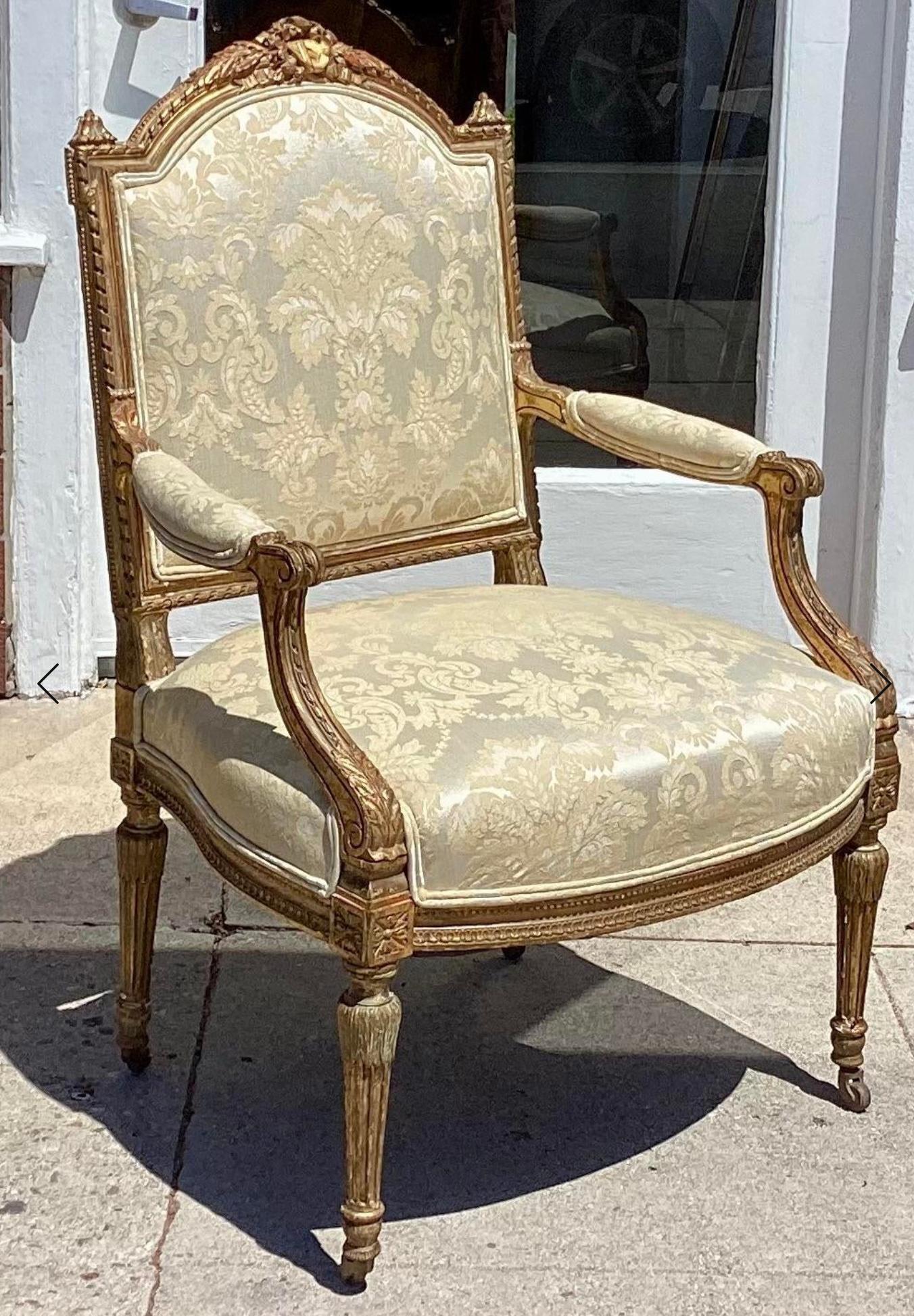 Antique Louis XVI Giltwood & Silk Damask Fauteuil Arm Chair In Good Condition In LOS ANGELES, CA