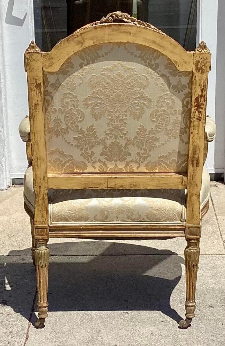 19th Century Antique Louis XVI Giltwood & Silk Damask Fauteuil Arm Chair