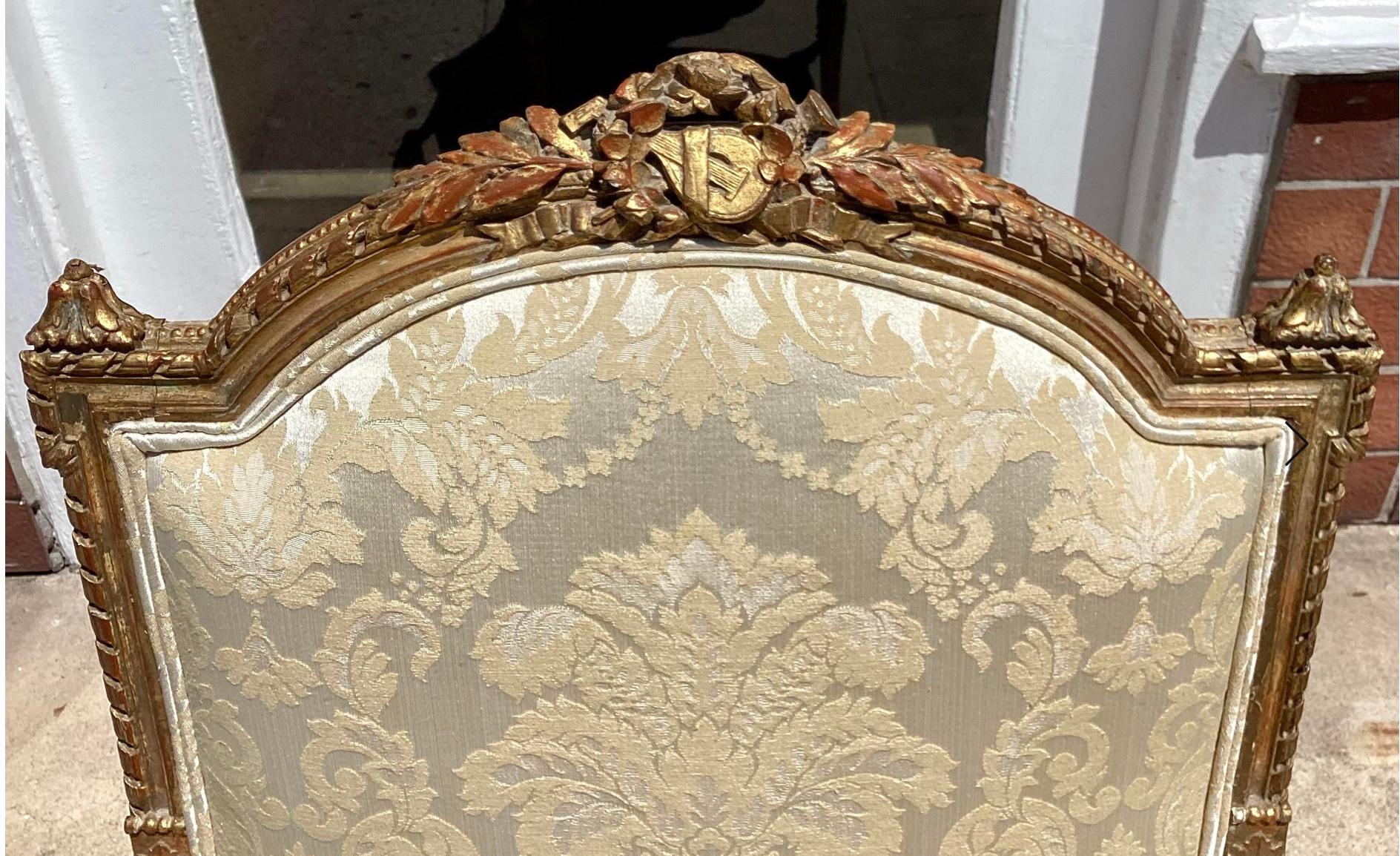 Antique Louis XVI Giltwood & Silk Damask Fauteuil Arm Chair 1