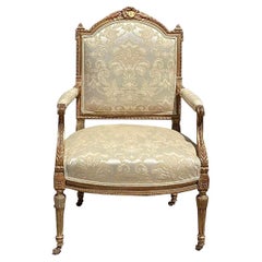Antique Louis XVI Giltwood & Silk Damask Fauteuil Arm Chair