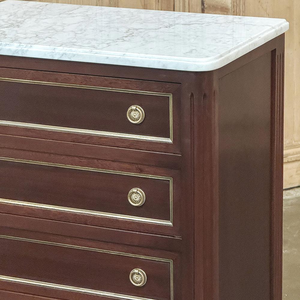 Brass Antique Louis XVI Mahogany Chiffoniere-Petite Commode with Carrara Marble For Sale