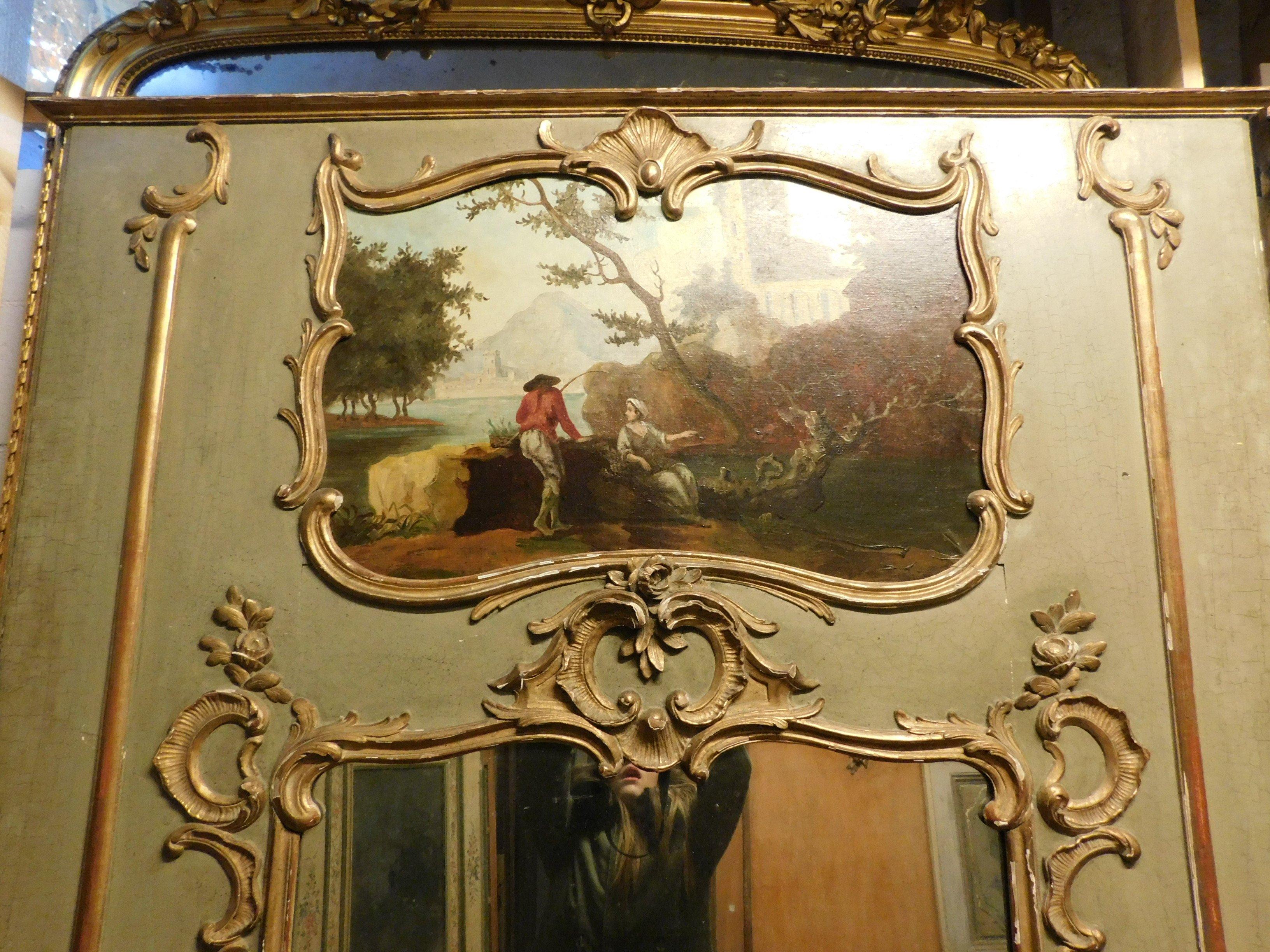Antique Louis XVI Mirror, green and gold with painting, 18th century France 3