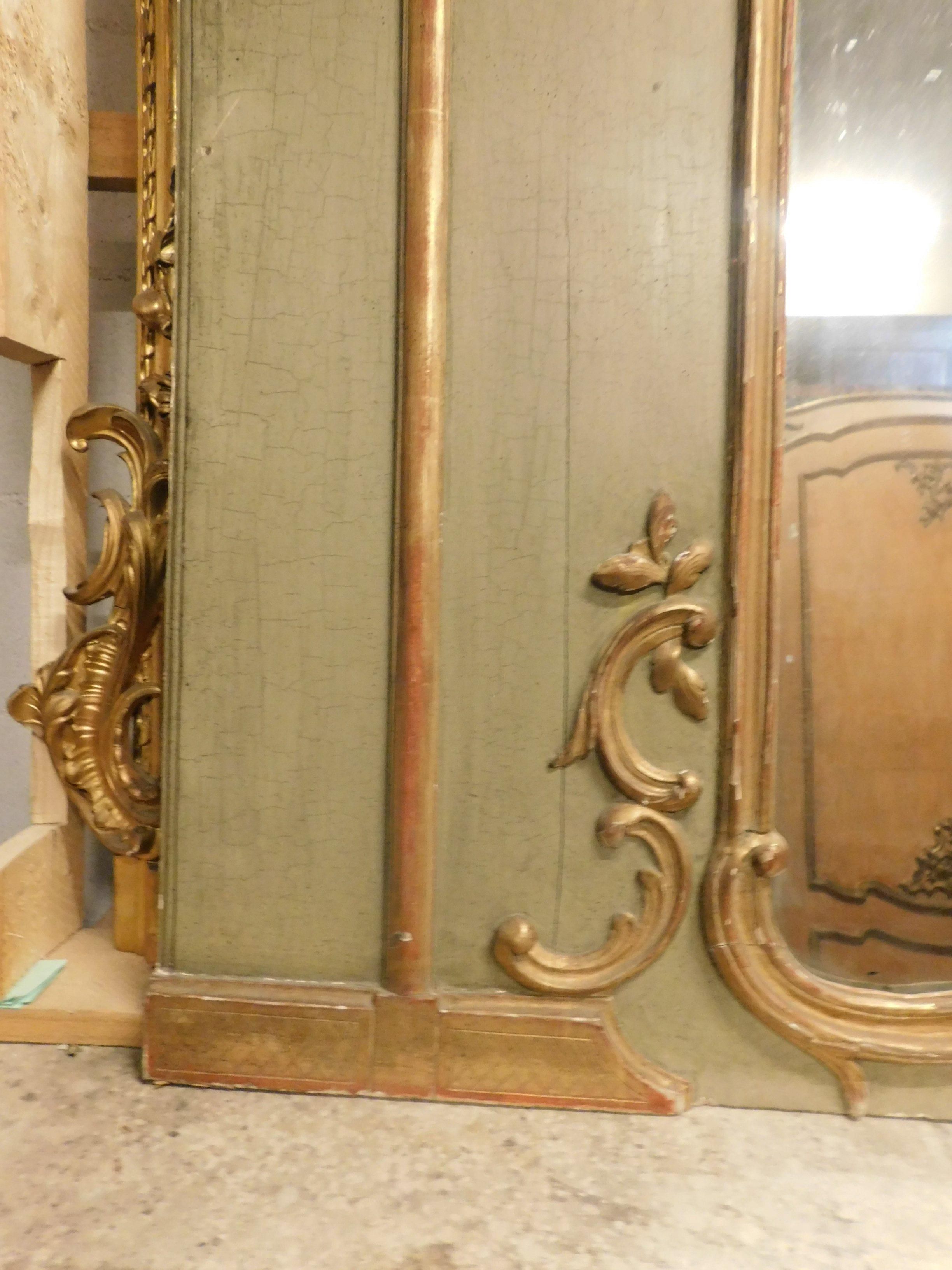 French Antique Louis XVI Mirror, green and gold with painting, 18th century France