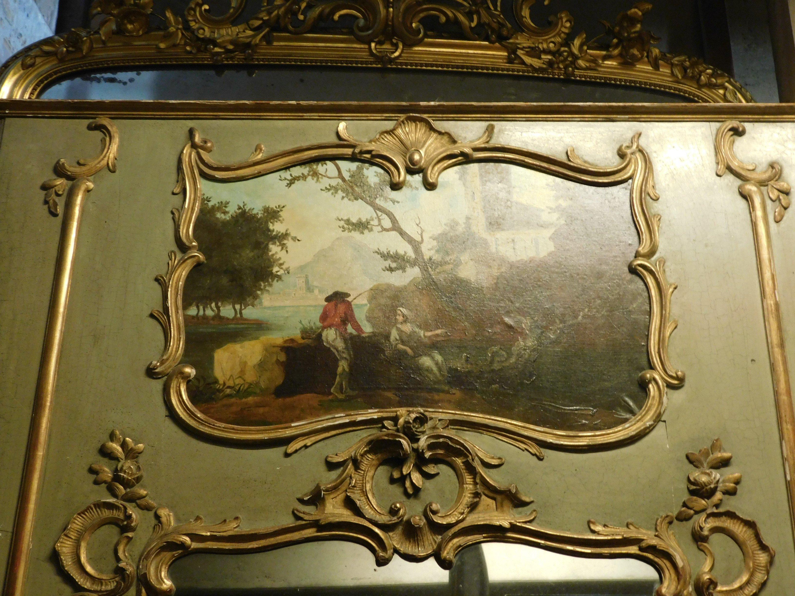 Hand-Painted Antique Louis XVI Mirror, green and gold with painting, 18th century France