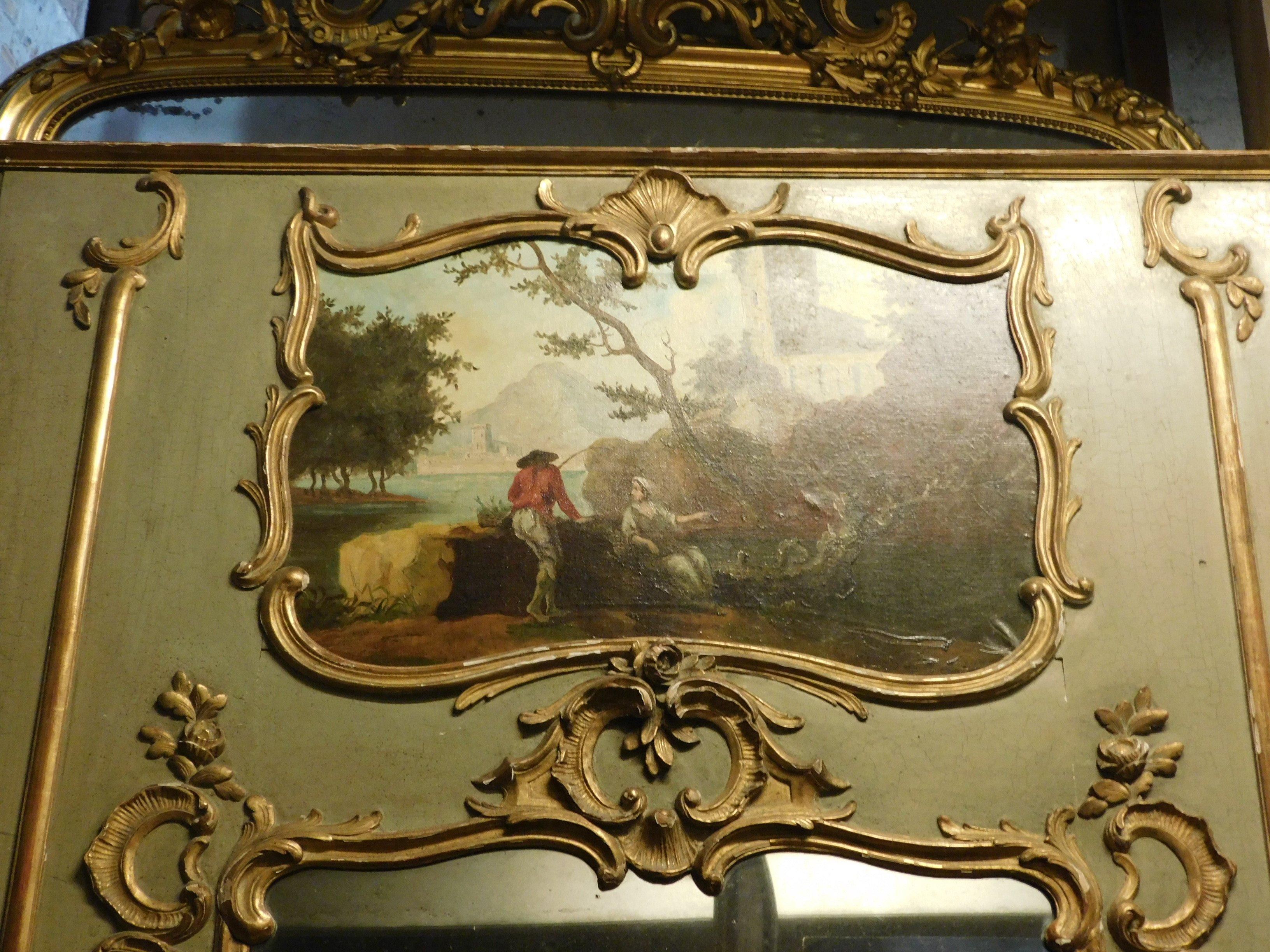 Antique Louis XVI Mirror, green and gold with painting, 18th century France In Good Condition In Cuneo, Italy (CN)