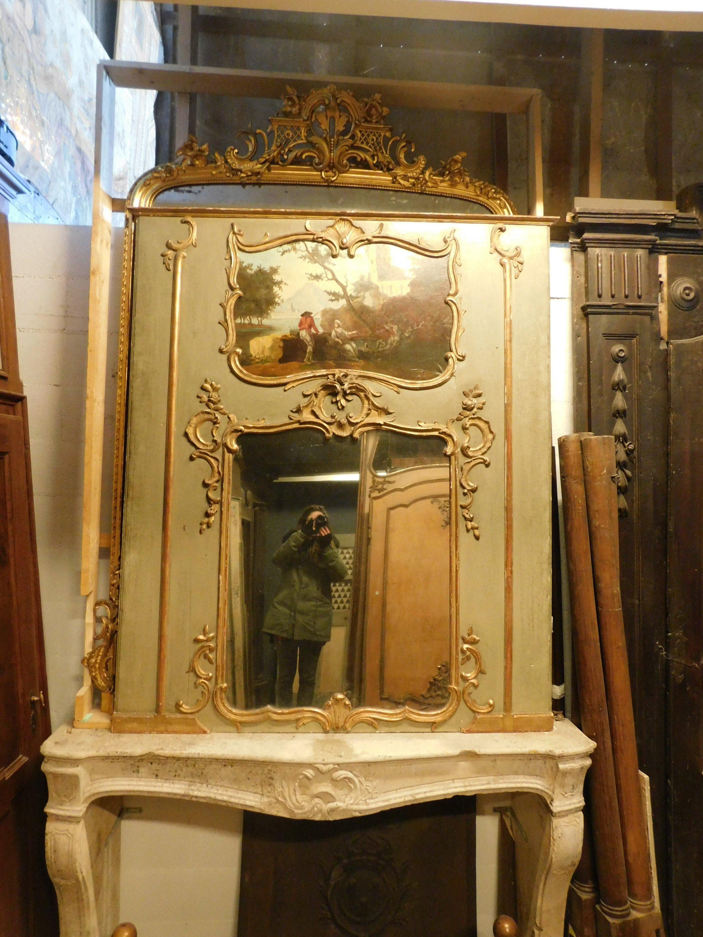 Wood Antique Louis XVI Mirror, green and gold with painting, 18th century France