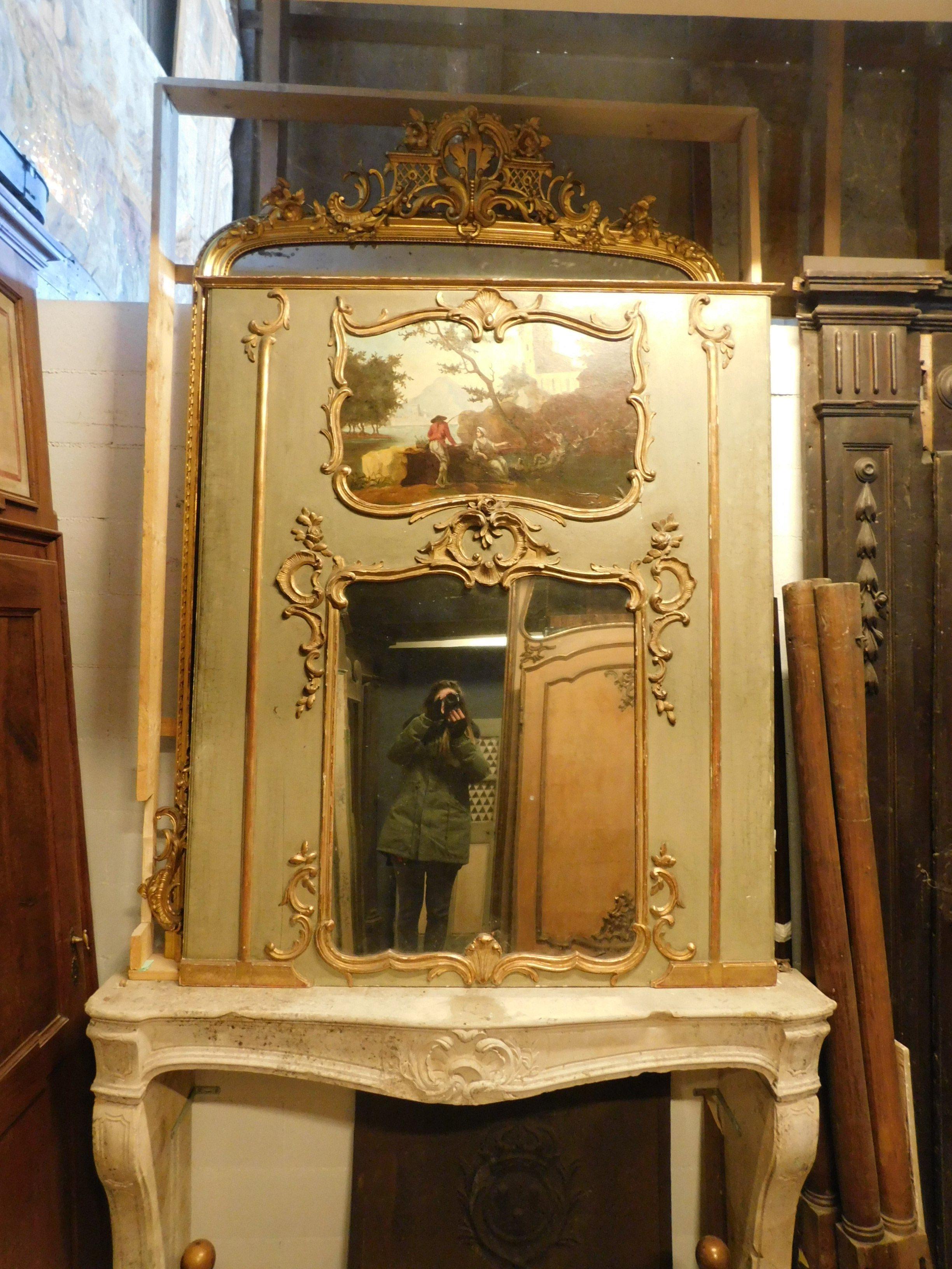 Antique Louis XVI Mirror, green and gold with painting, 18th century France 1