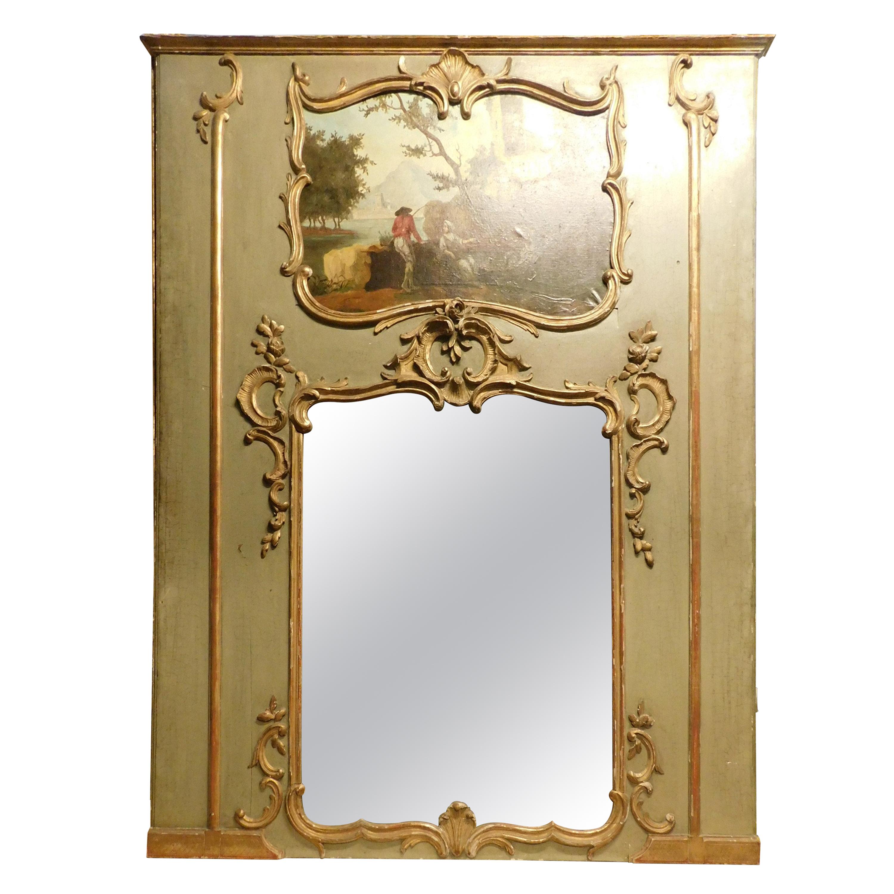Antique Louis XVI Mirror, green and gold with painting, 18th century France