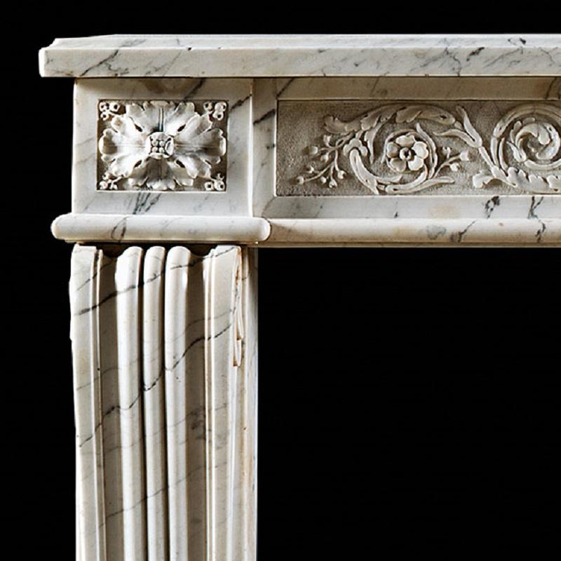 French Antique Louis XVI Neoclassical Fireplace Mantel in Statuary Marble For Sale