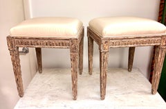Antique Louis XVI Neoclassical Stools, Reupholstered Silk, Circa 1900