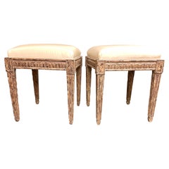 Antique Louis XVI Neoclassical Stools, Reupholstered Silk, Circa 1900