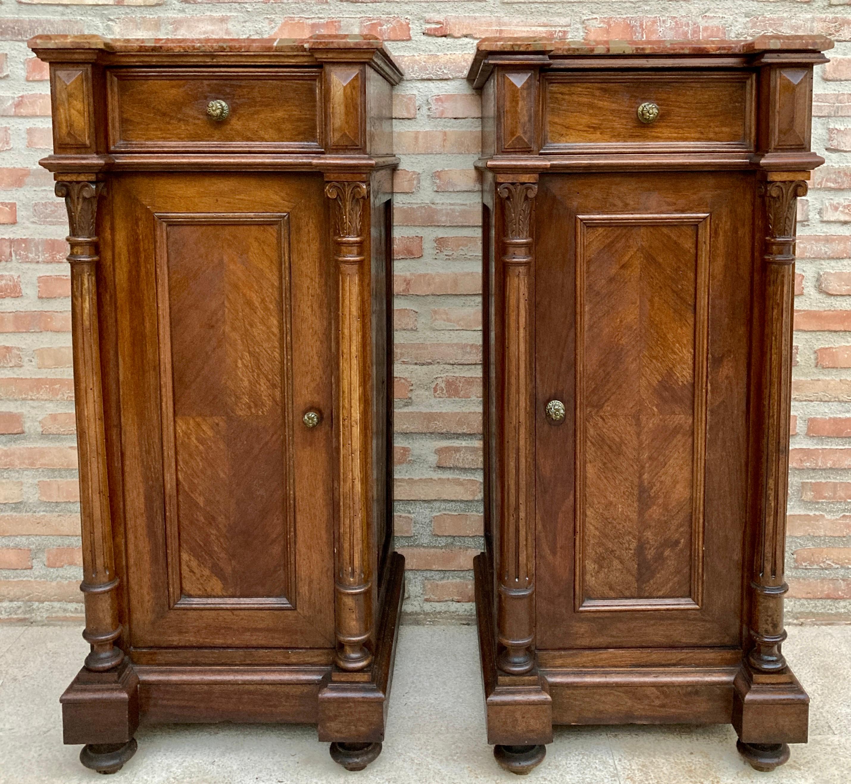 French Provincial Antique Louis XVI Nightstands with Red Marble Top, 1890s, Set of 2 For Sale