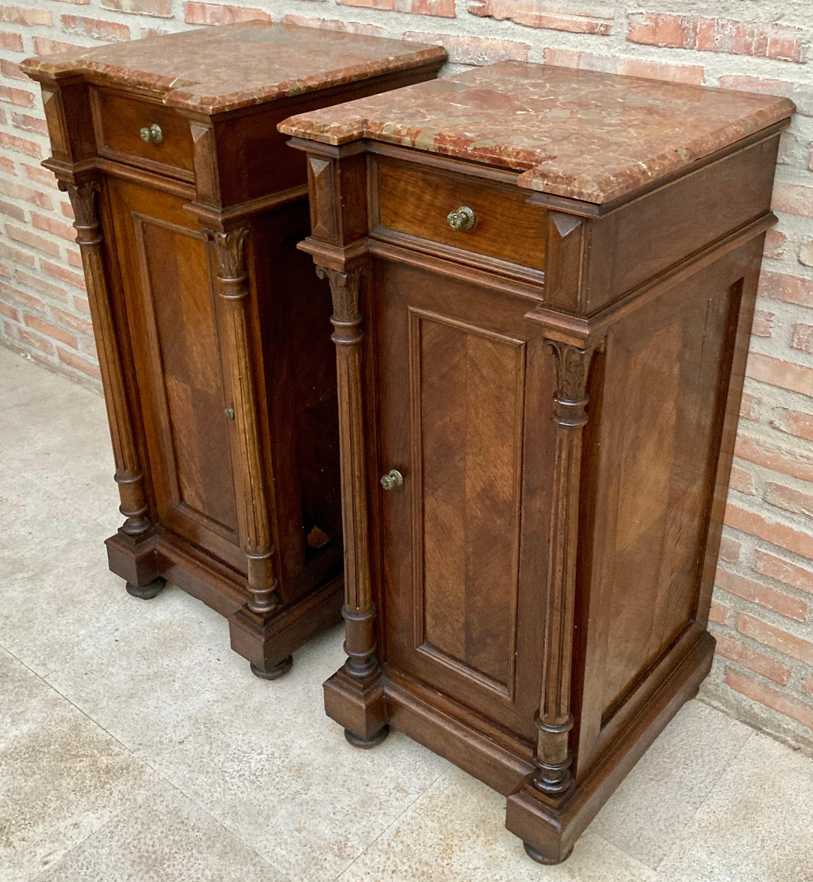 French Antique Louis XVI Nightstands with Red Marble Top, 1890s, Set of 2 For Sale