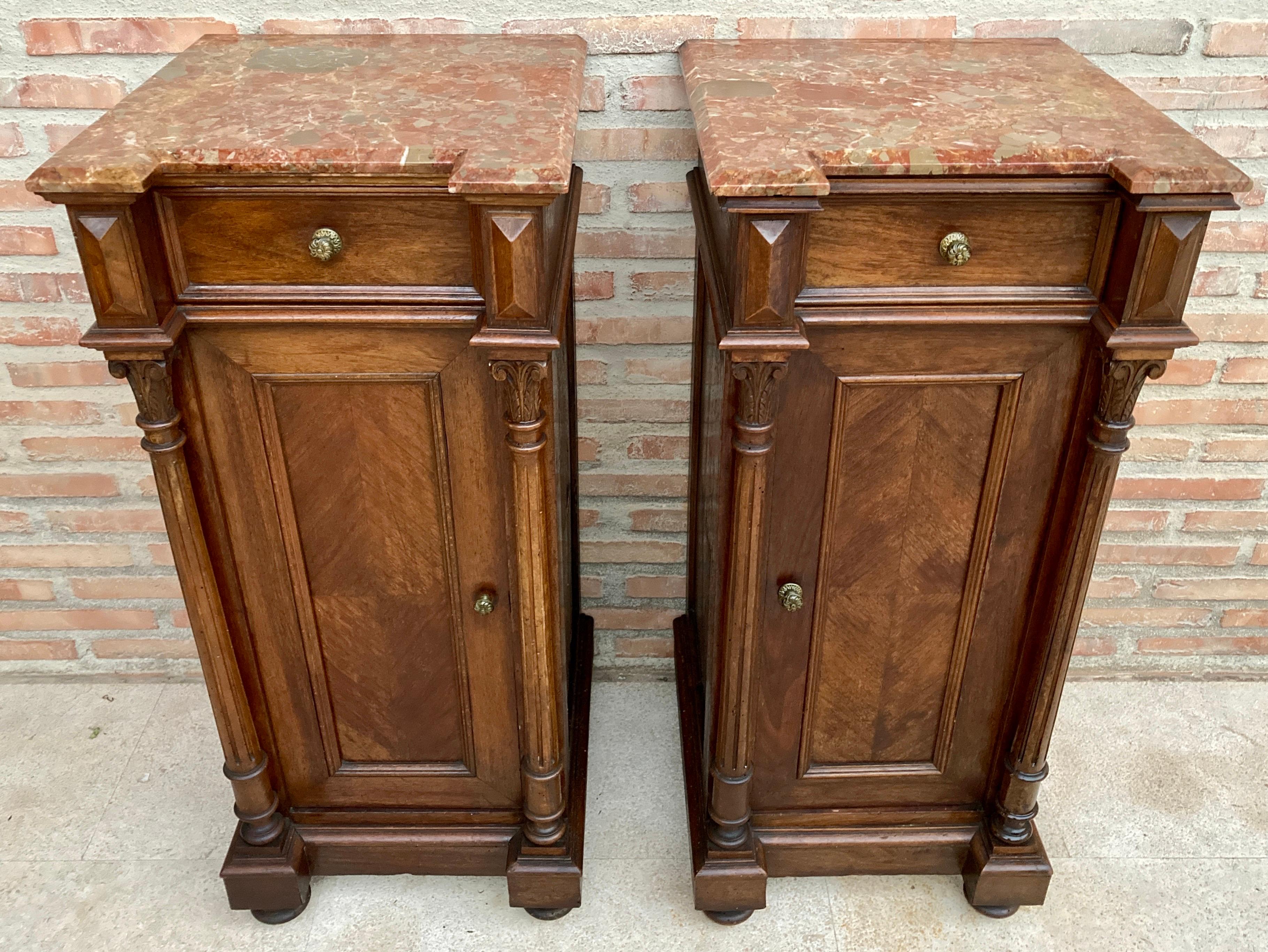 Antique Louis XVI Nightstands with Red Marble Top, 1890s, Set of 2 In Good Condition For Sale In Miami, FL