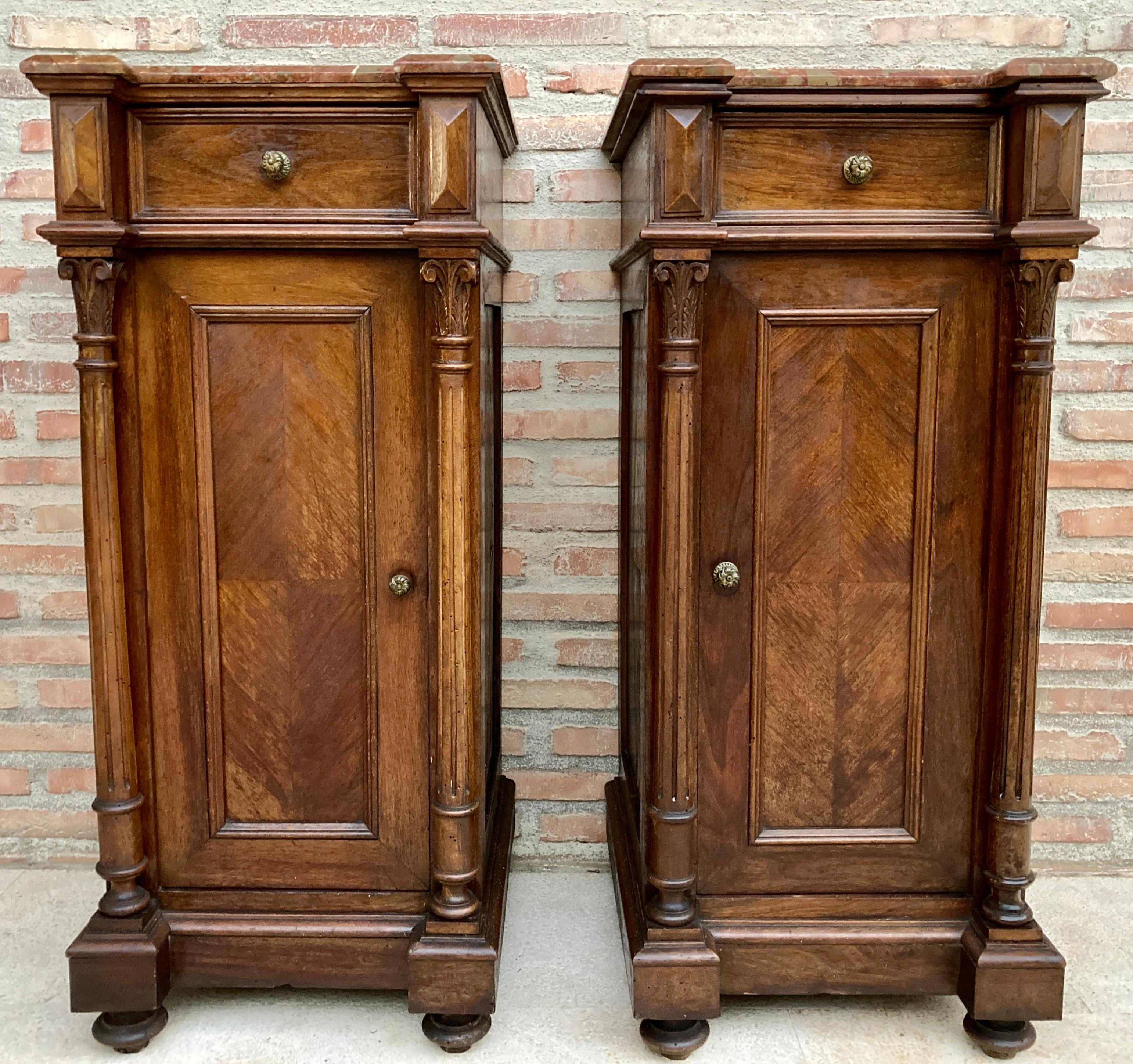 19th Century Antique Louis XVI Nightstands with Red Marble Top, 1890s, Set of 2 For Sale