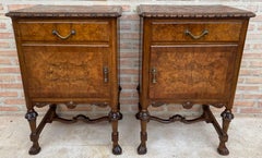French Walnut and Burl Nightstands with Drawer, 1940, Set of 2