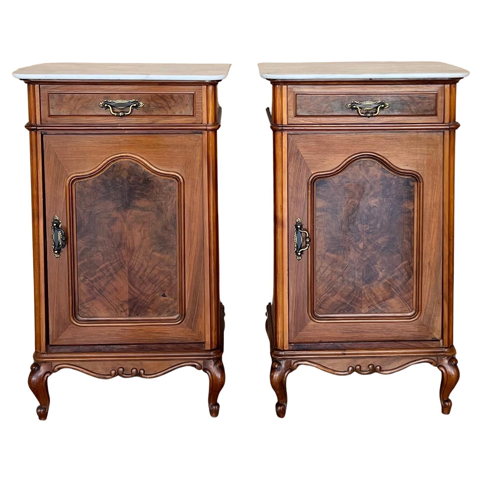Antique Louis XVI Nightstands with White Marble Tops, 1890s, Set of 2