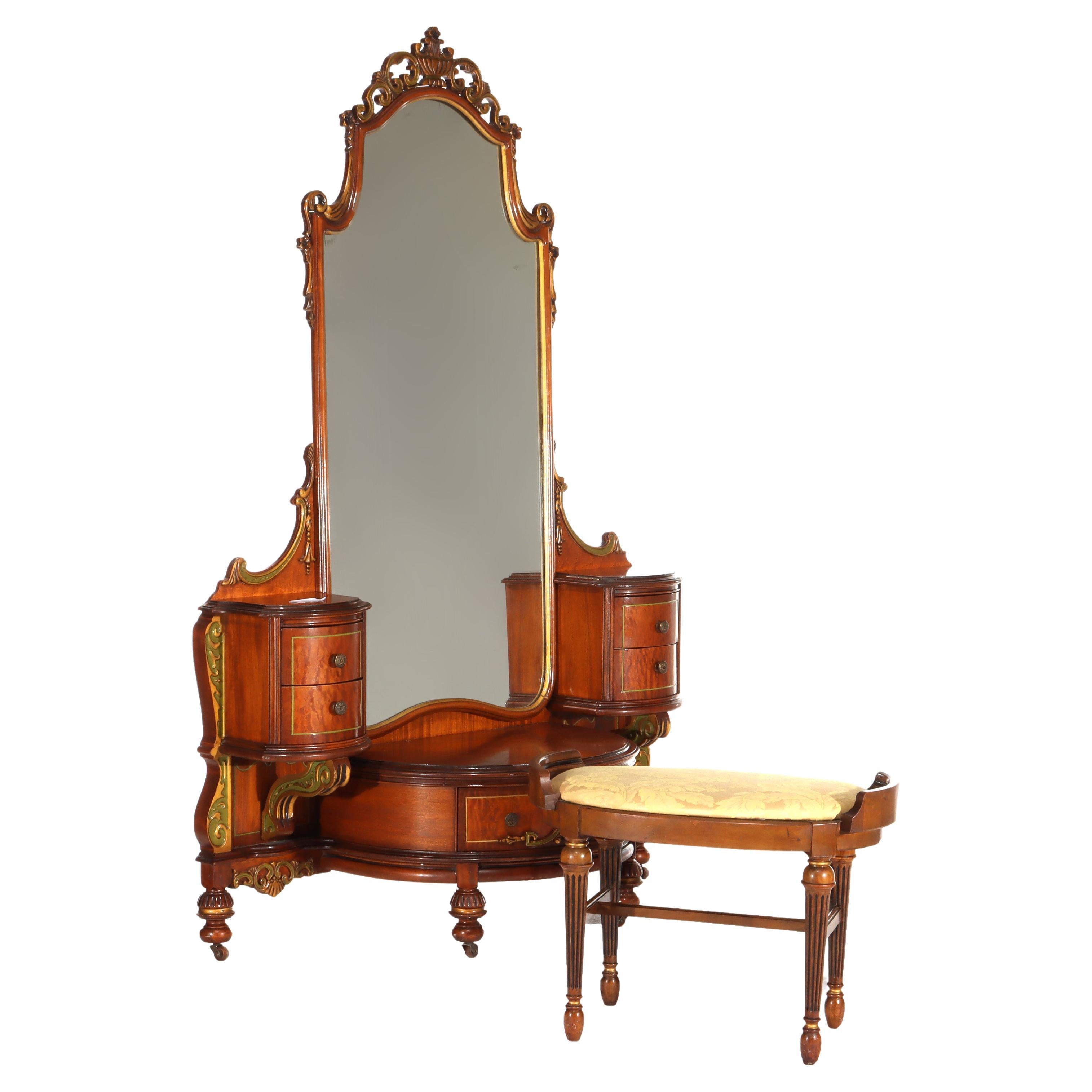 Antique Louis XVI Parcel Gilt Mahogany, Satinwood 
Birdseye Maple Vanity c1930