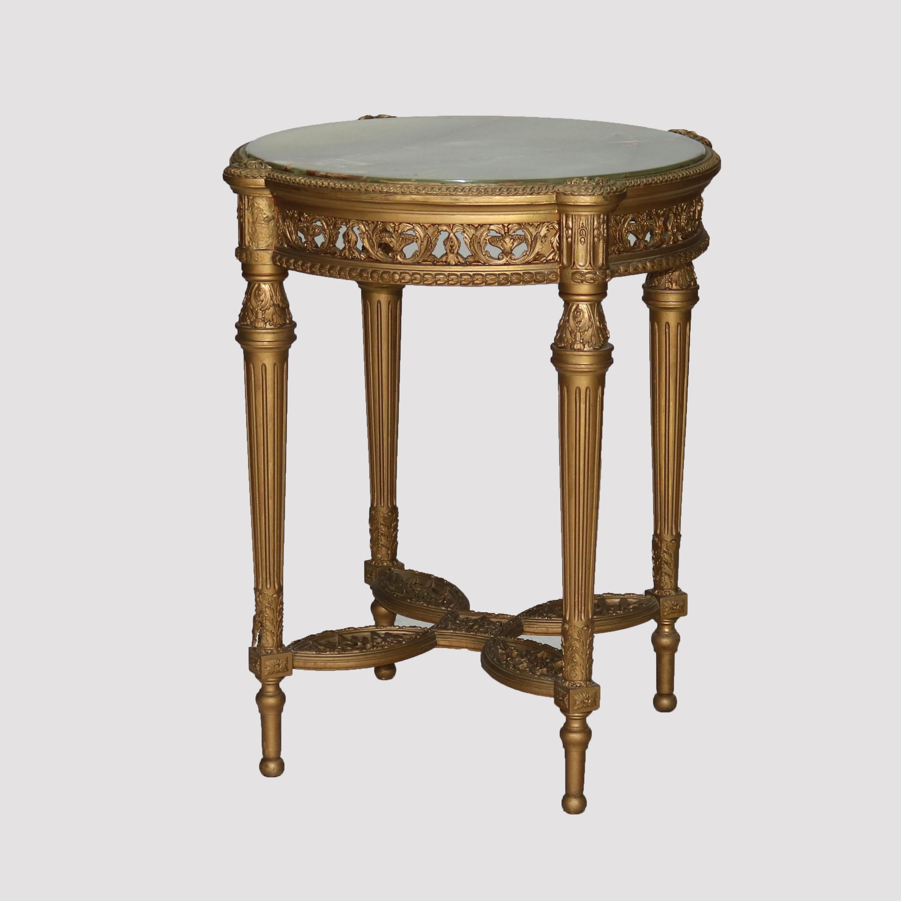 ***Reduced In-House Delivery Rates - Click on “Ask Seller” to Request a Quote***
Antique Louis XVI Reticulated Gilt Wood Onyx Top Table C1920.    
Measures - 29 3/8
