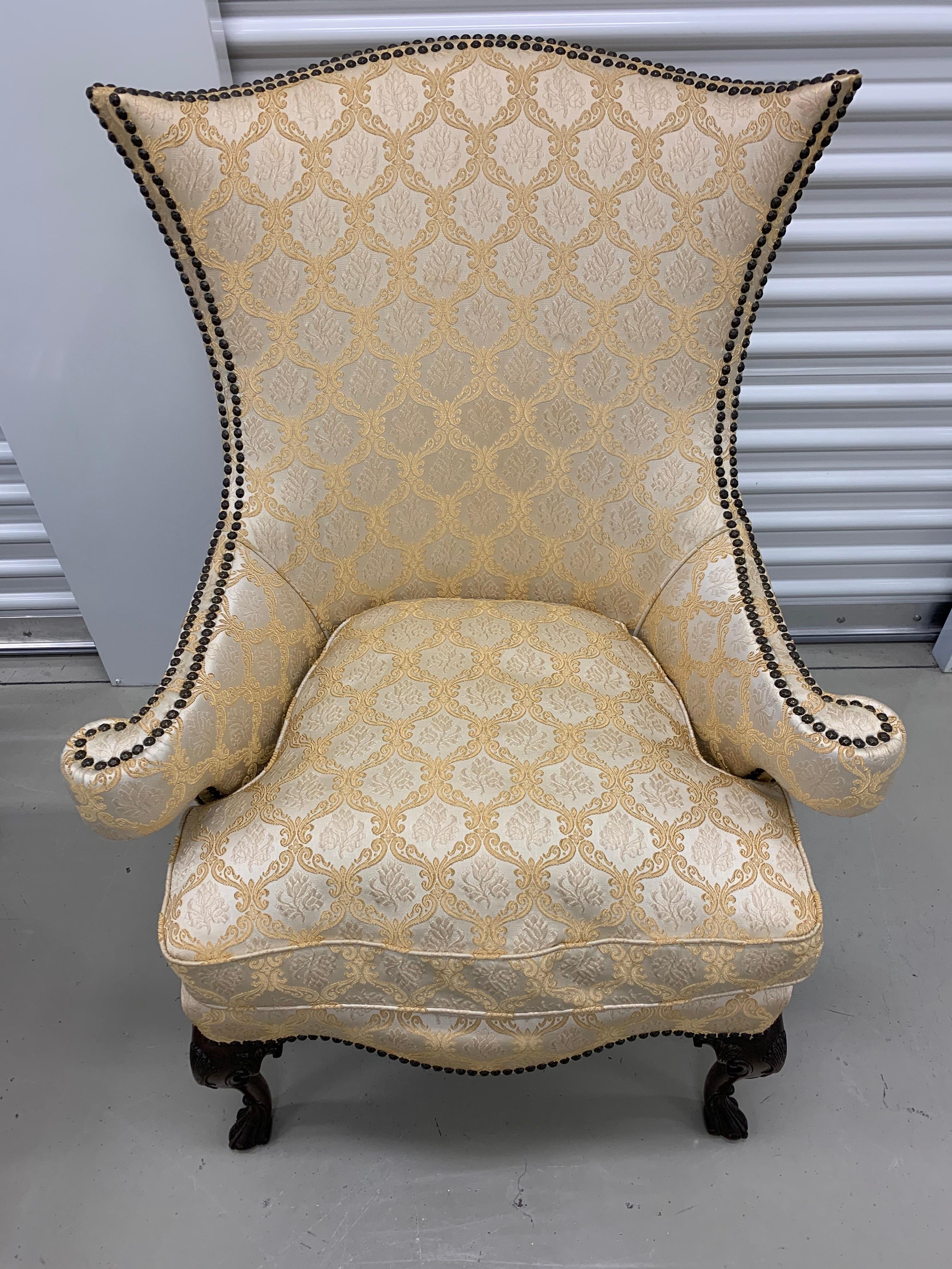 French Antique Louis XVI Sculptural Nailhead Wingback Chair Armchair