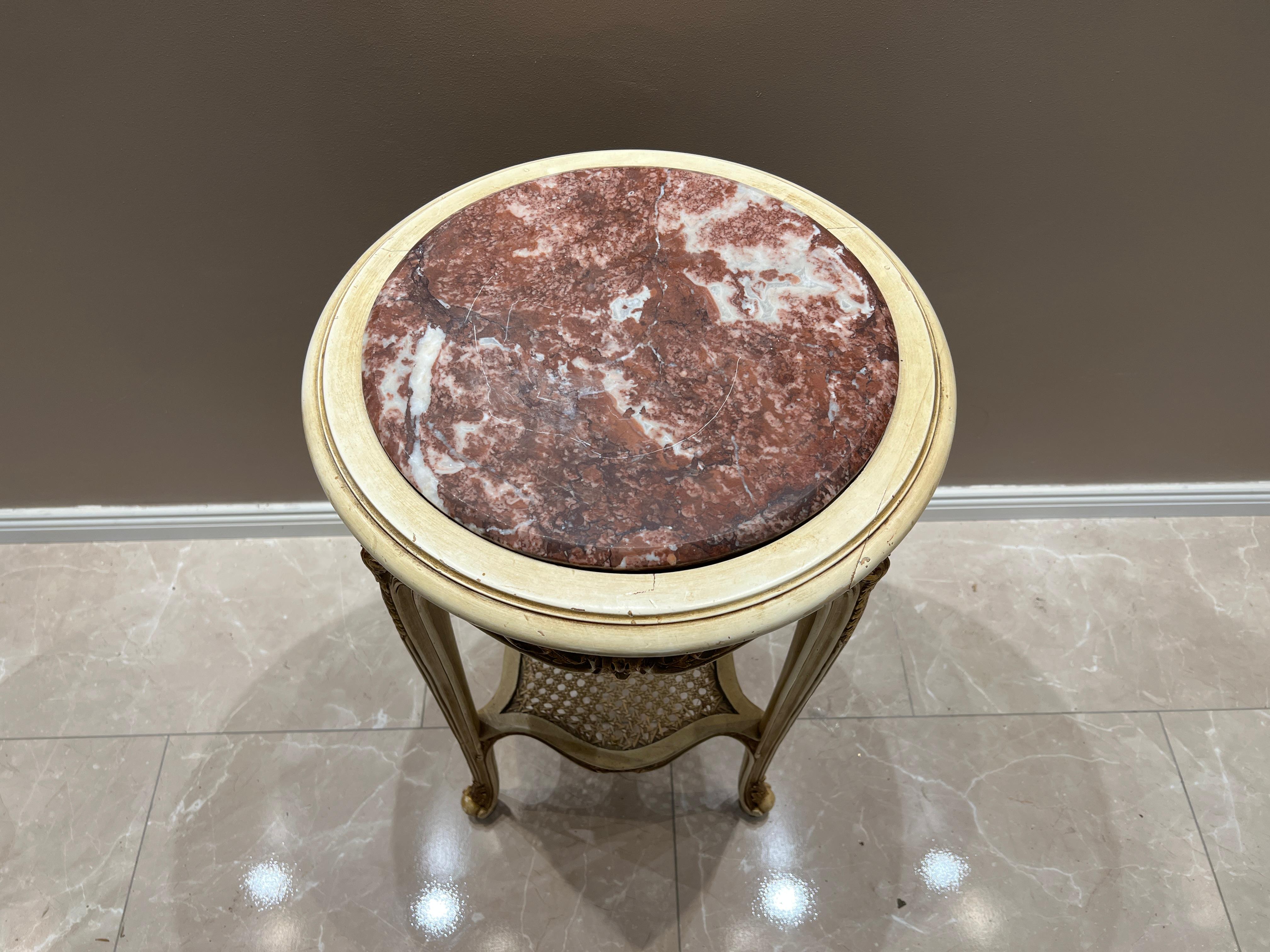 French Antique Louis XVI Side Table – Marble Top, Hand-Carved, Elegant Design For Sale