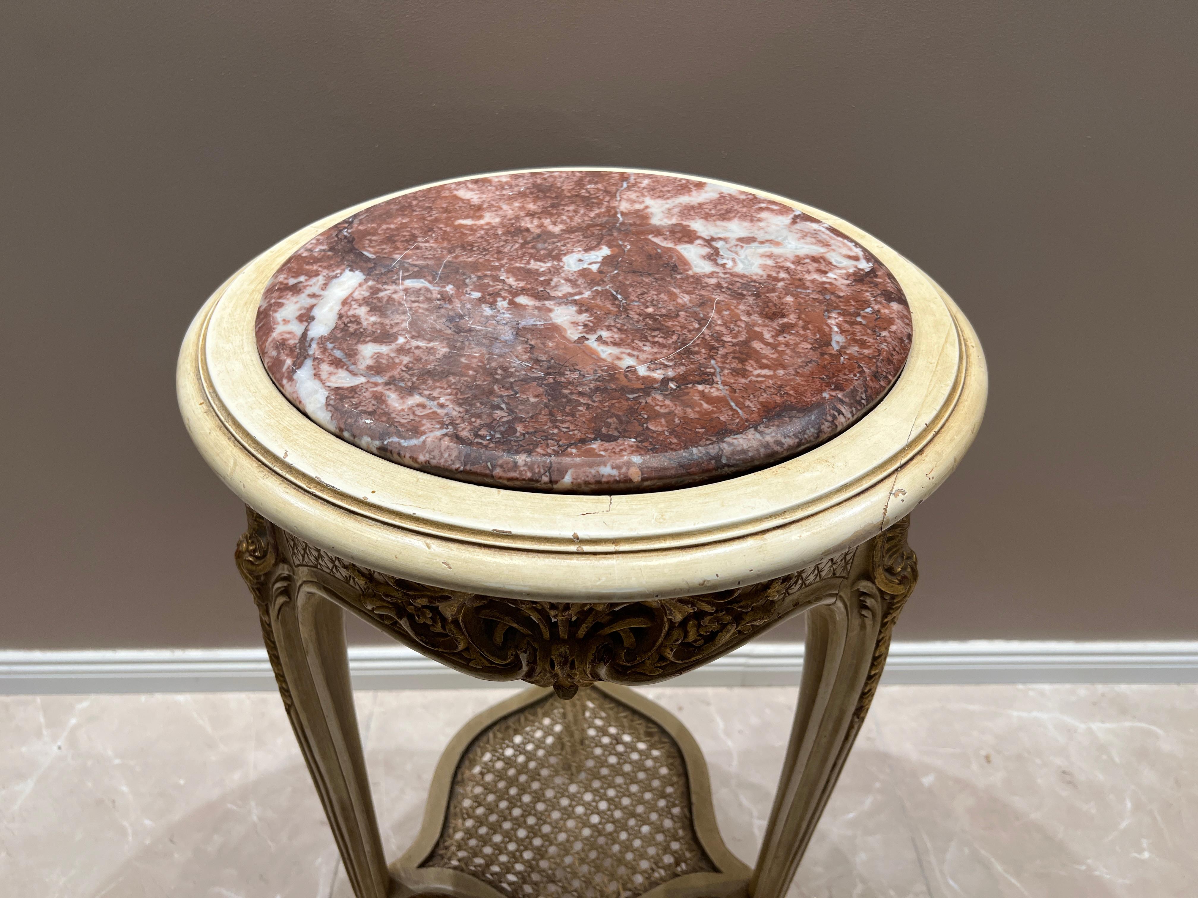20th Century Antique Louis XVI Side Table – Marble Top, Hand-Carved, Elegant Design For Sale
