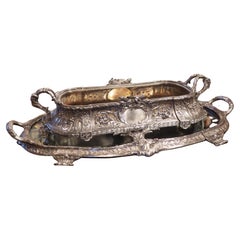 Ancienne table Surtout de table Louis XVI en bronze argenté avec jardinière, vers 1890